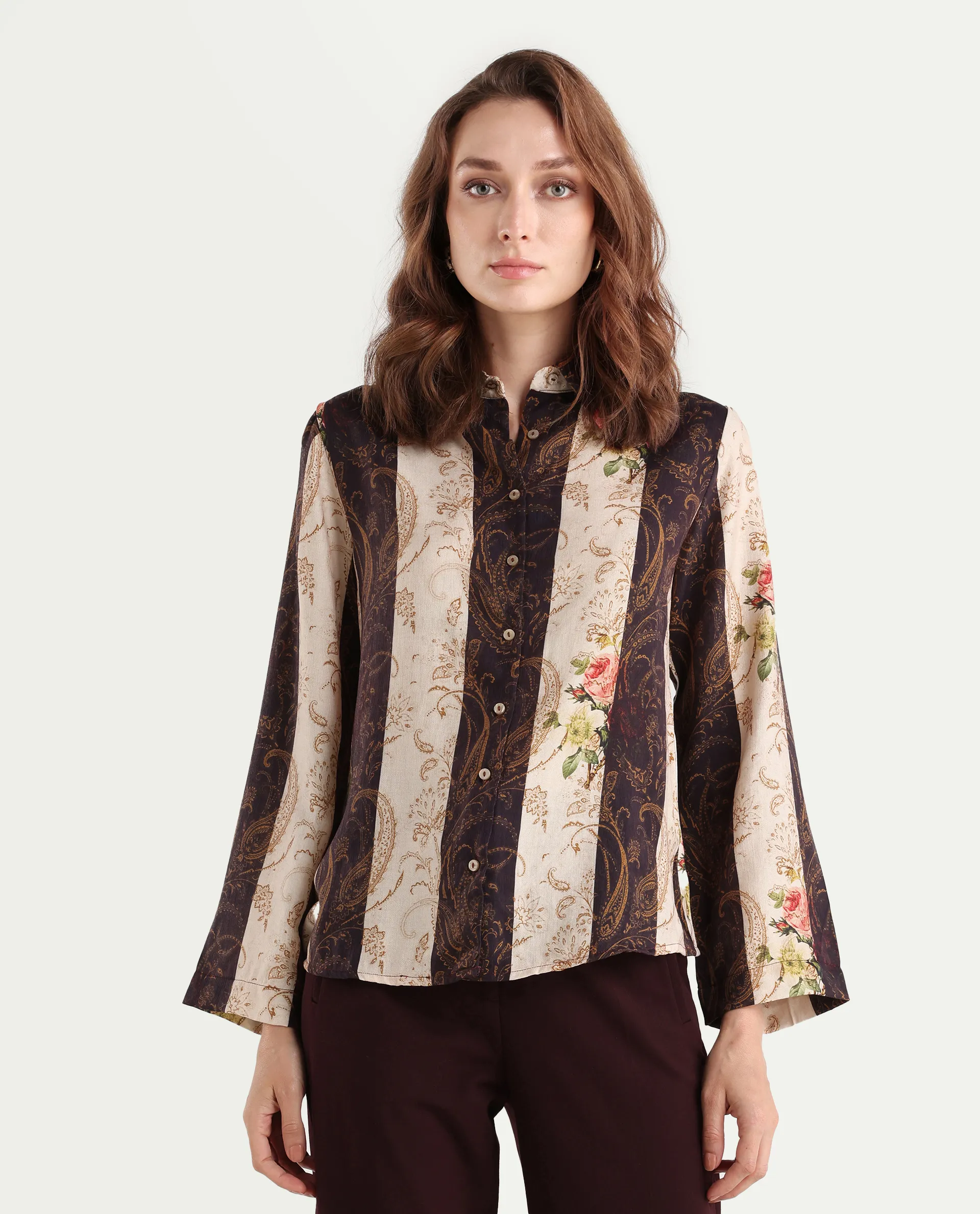 Rareism Women's Lesent Multi Viscose Blend Drop Collar Paisley Print Cuffed Sleeve Regular Fit Top - Image 3