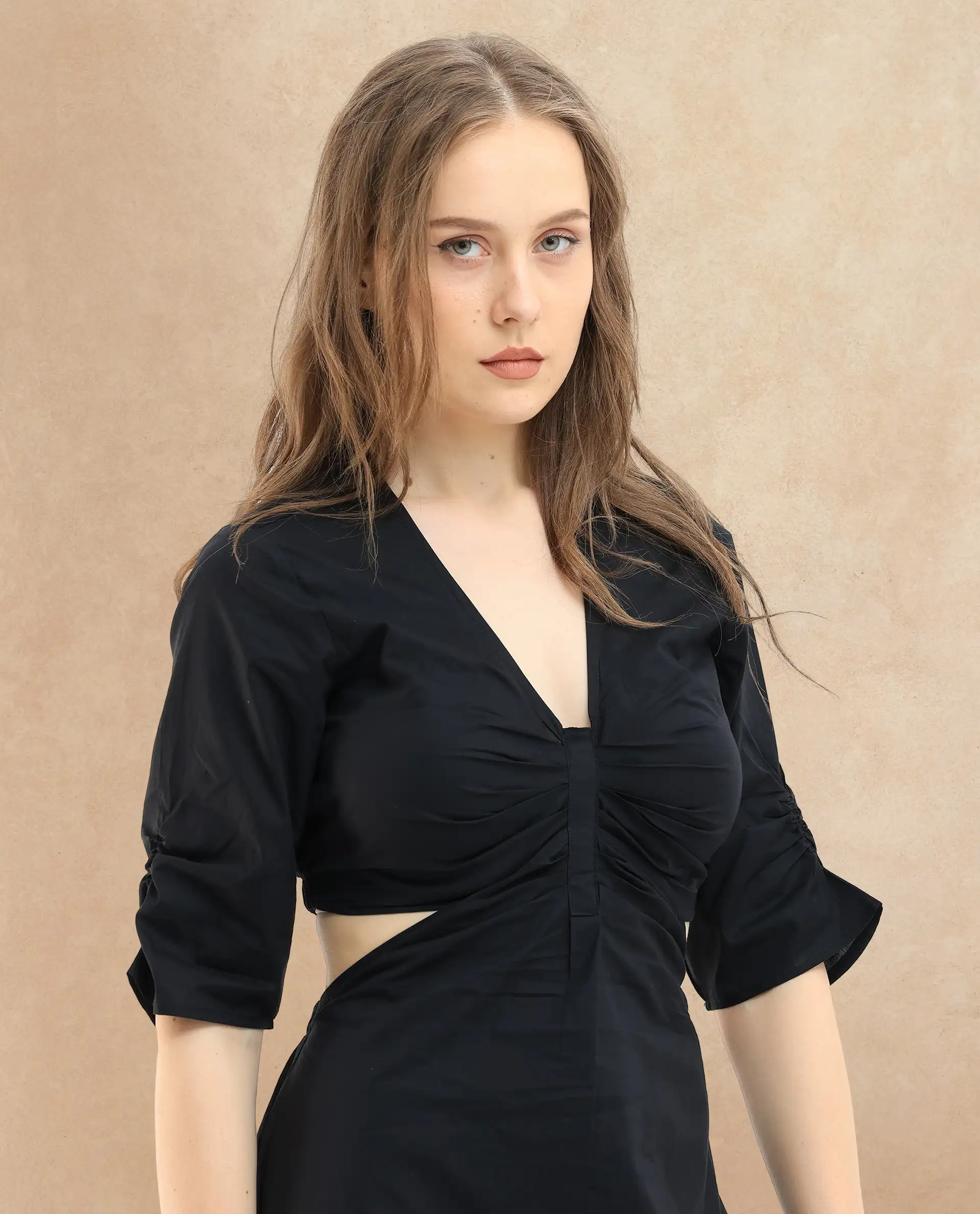 Rareism Women's Lesman Black Cotton V-Neck Plain Puff Sleeves Maxi Fit And Flare Dress - Image 2