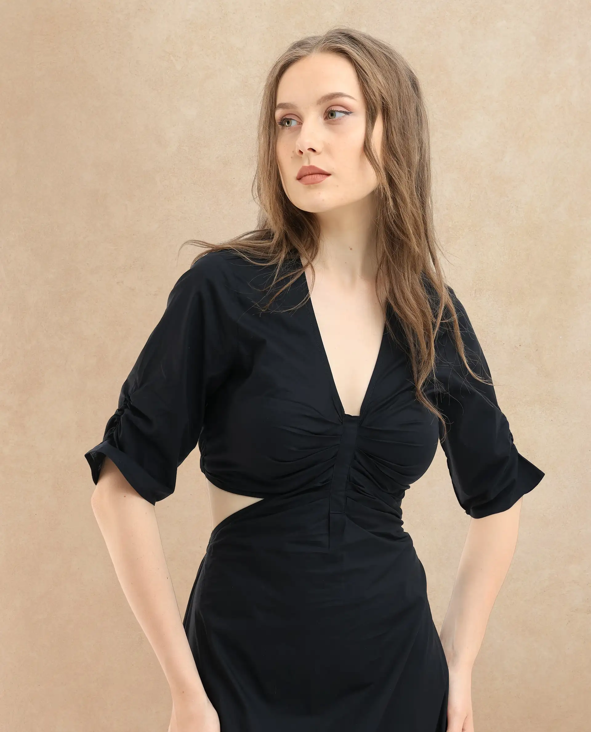 Rareism Women's Lesman Black Cotton V-Neck Plain Puff Sleeves Maxi Fit And Flare Dress - Image 4
