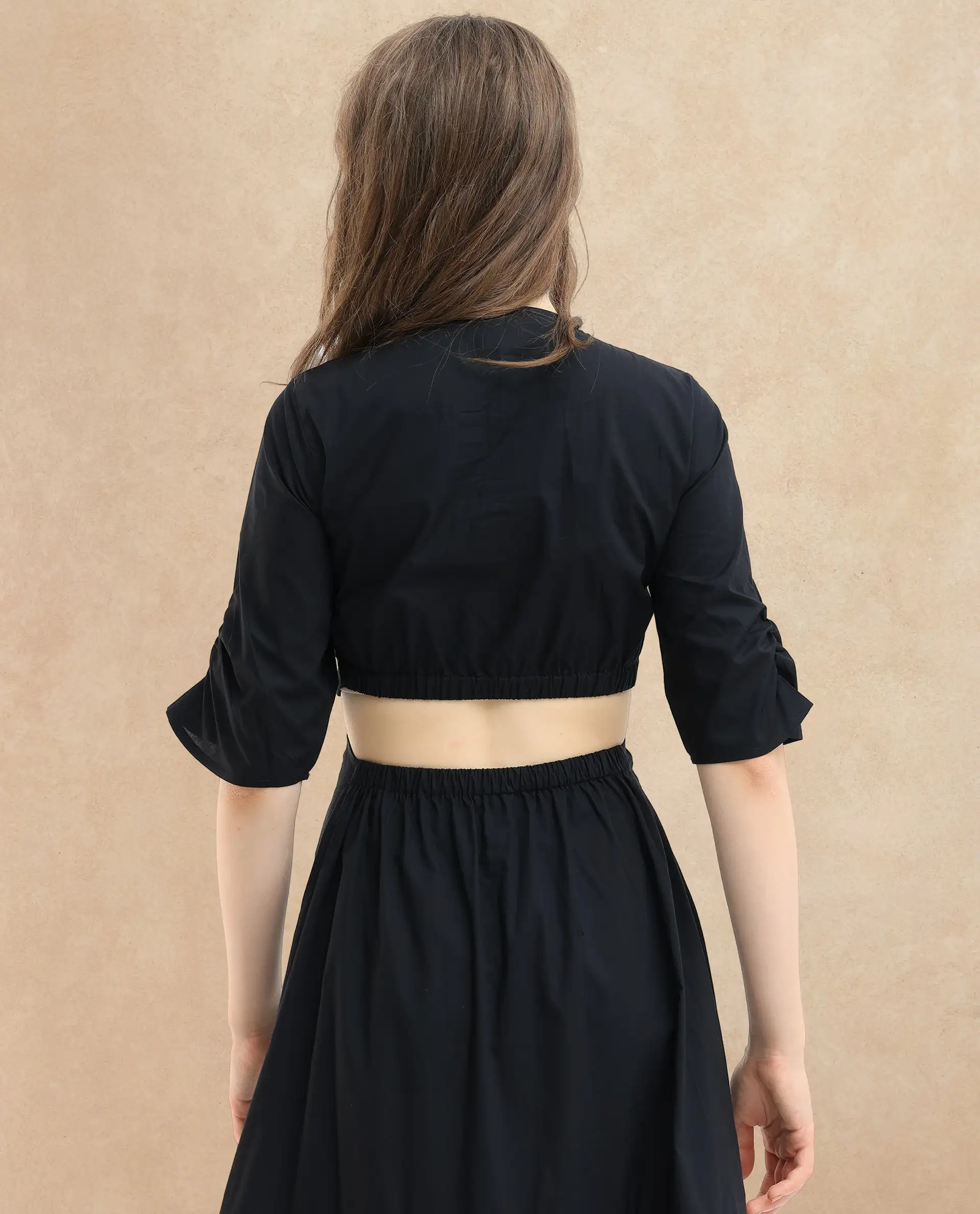 Rareism Women's Lesman Black Cotton V-Neck Plain Puff Sleeves Maxi Fit And Flare Dress - Image 8