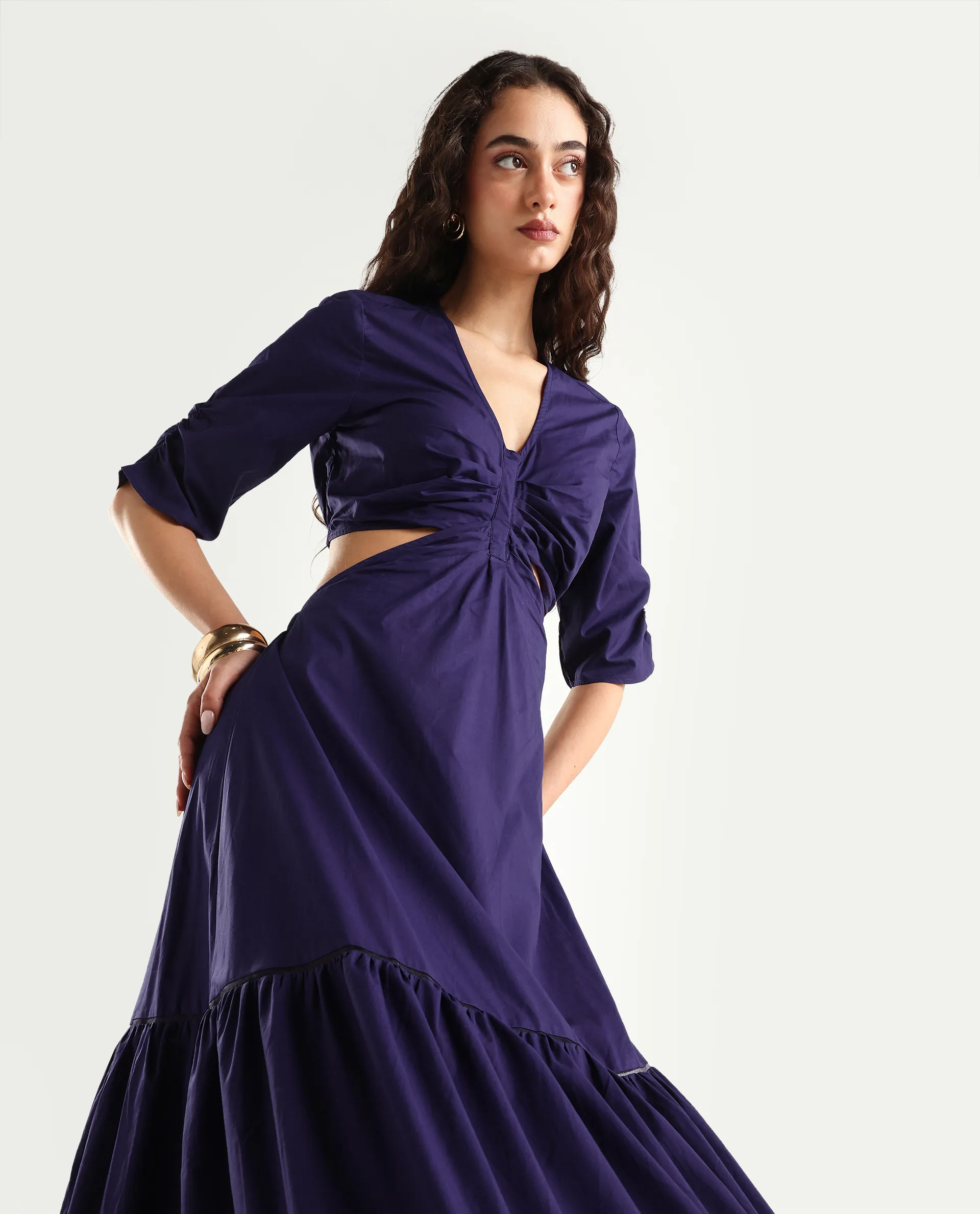 Rareism Women's Lesman Dark Purple Cotton V-Neck Plain Puff Sleeves Maxi Fit And Flare Dress - Image 2