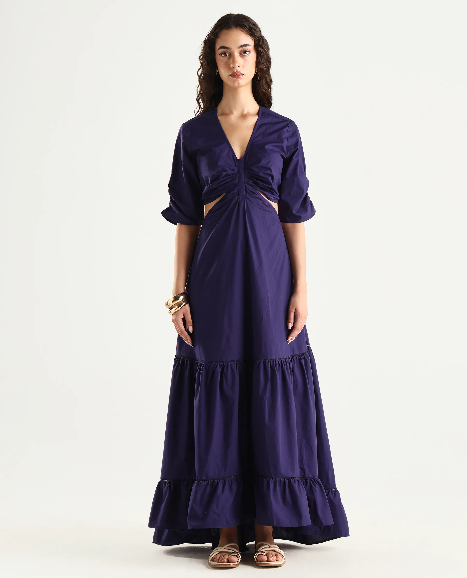 Rareism Women's Lesman Dark Purple Cotton V-Neck Plain Puff Sleeves Maxi Fit And Flare Dress - Image 3
