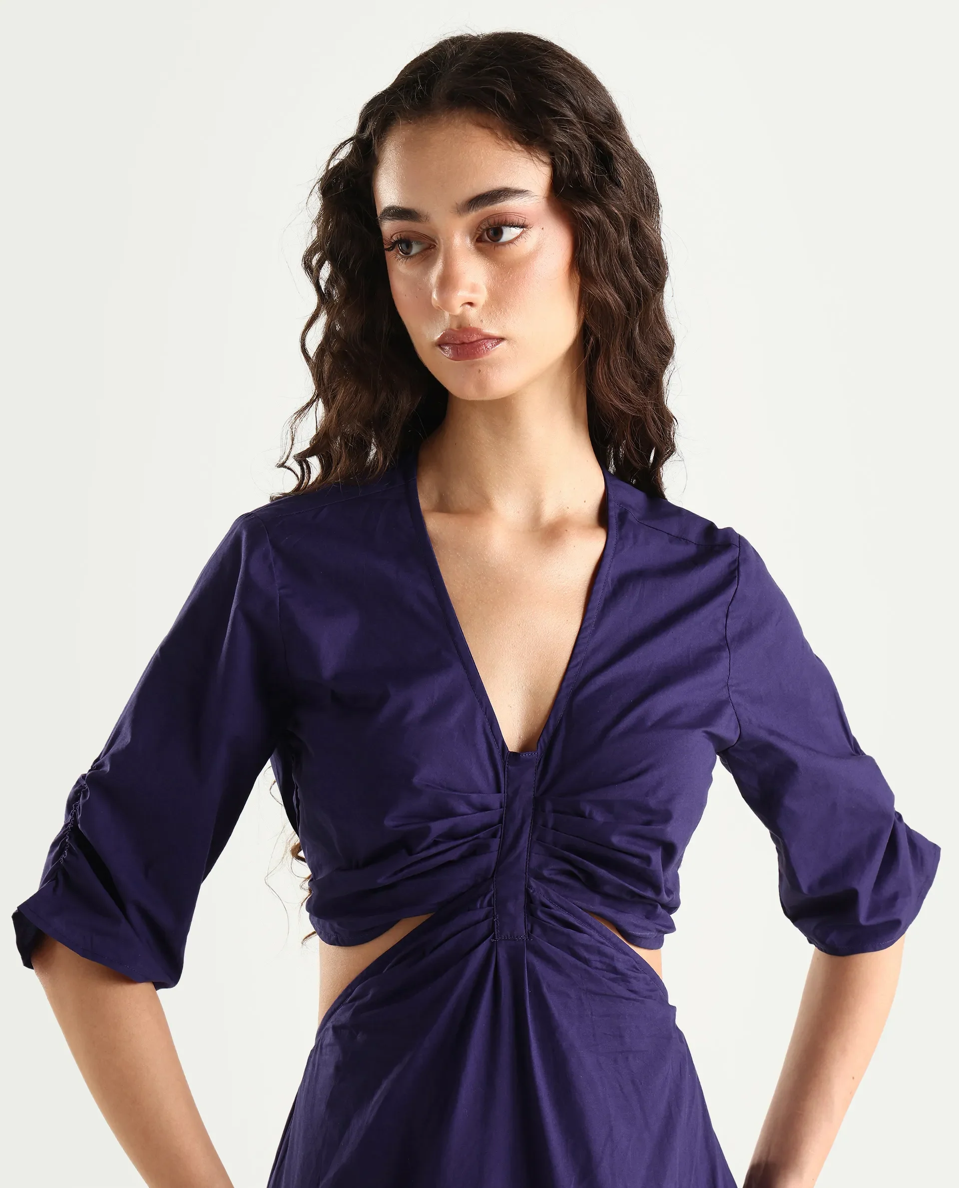 Rareism Women's Lesman Dark Purple Cotton V-Neck Plain Puff Sleeves Maxi Fit And Flare Dress - Image 4