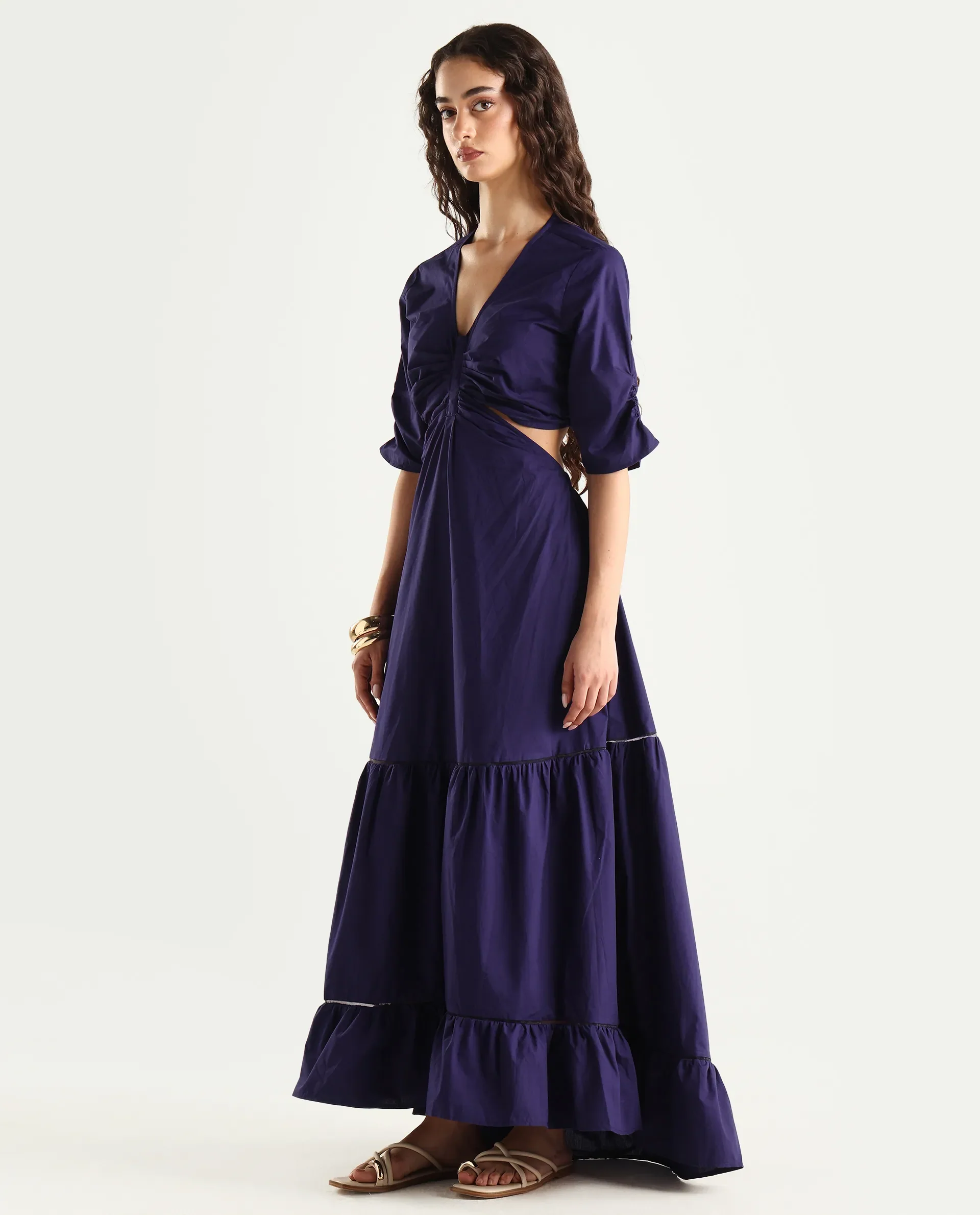 Rareism Women's Lesman Dark Purple Cotton V-Neck Plain Puff Sleeves Maxi Fit And Flare Dress - Image 6
