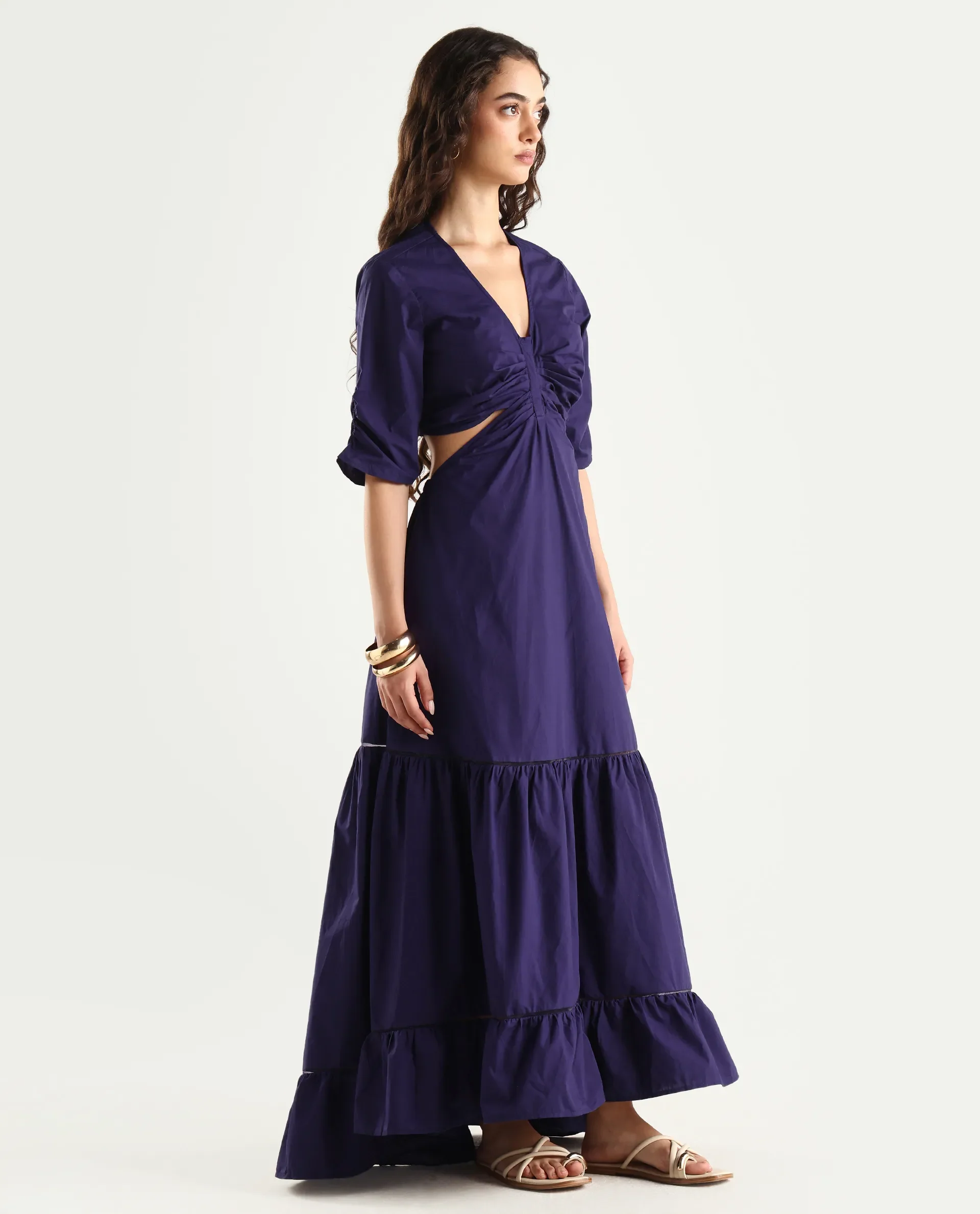 Rareism Women's Lesman Dark Purple Cotton V-Neck Plain Puff Sleeves Maxi Fit And Flare Dress - Image 7