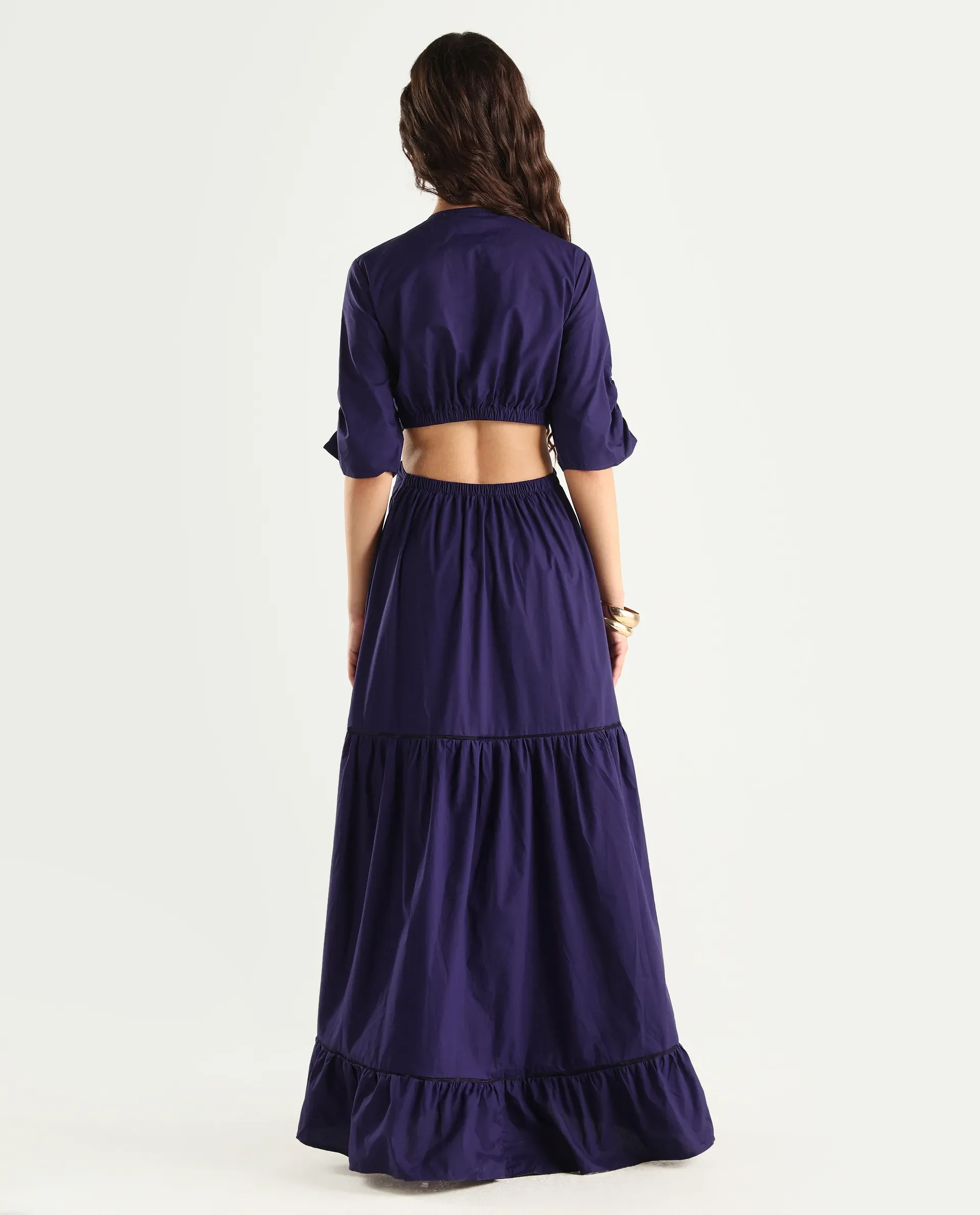 Rareism Women's Lesman Dark Purple Cotton V-Neck Plain Puff Sleeves Maxi Fit And Flare Dress - Image 8