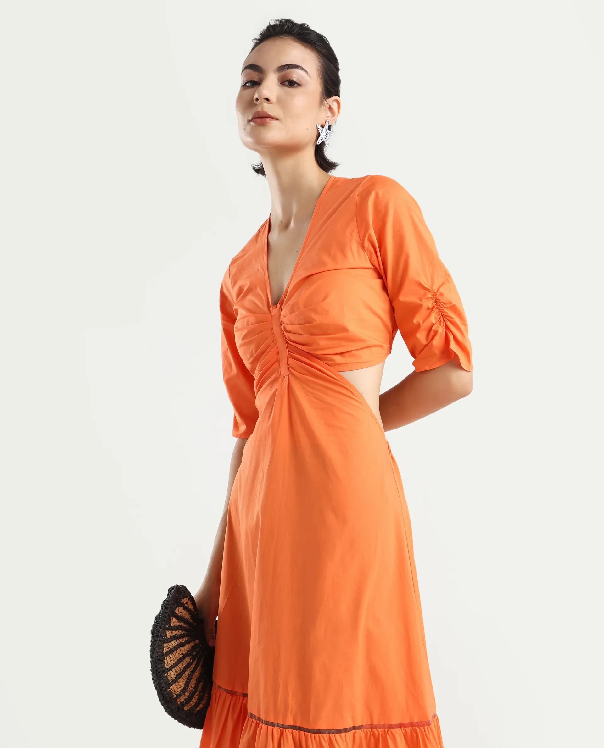 Rareism Women's Lesman Orange Cotton V-Neck Plain Puff Sleeves Maxi Fit And Flare Dress
