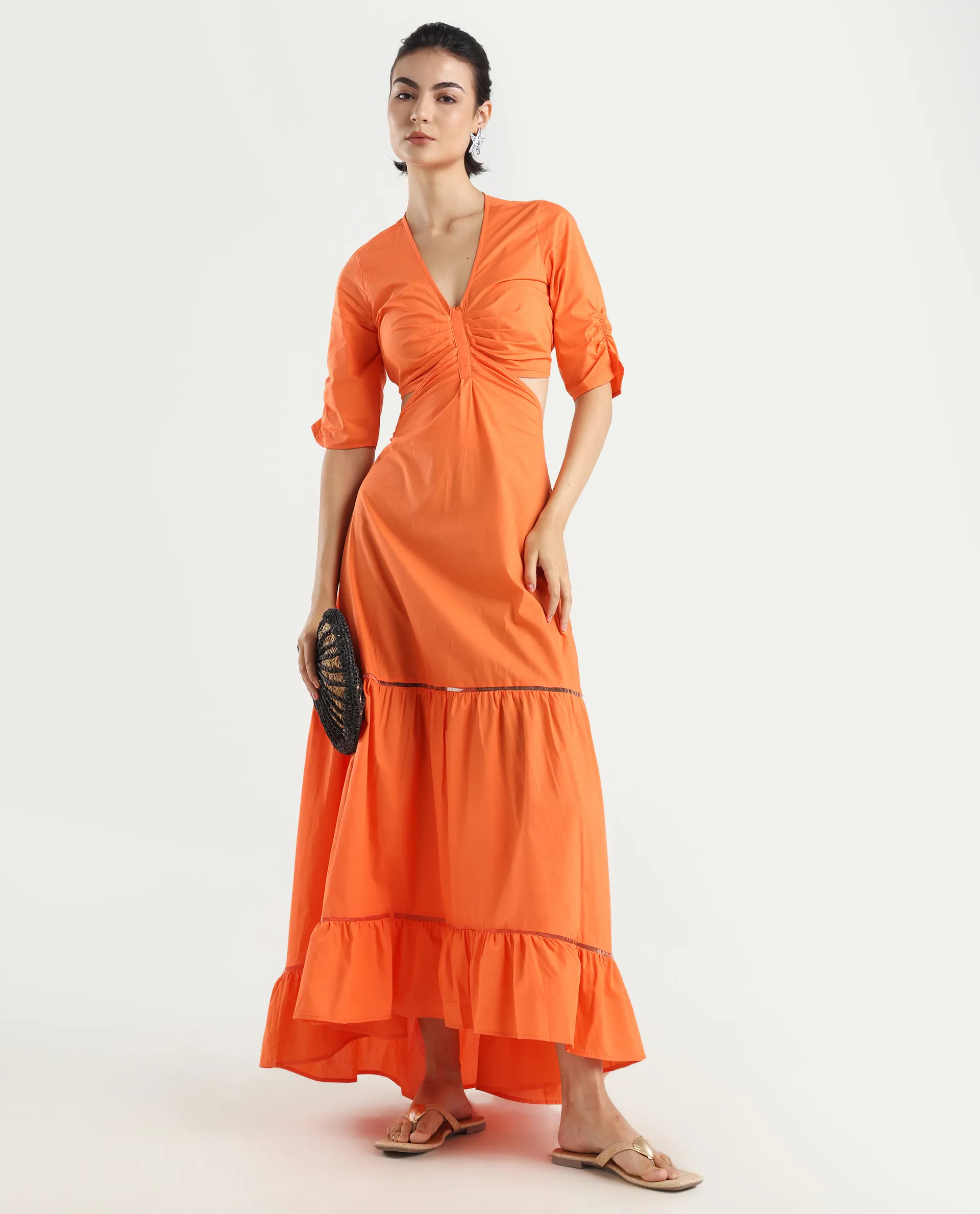 Rareism Women's Lesman Orange Cotton V-Neck Plain Puff Sleeves Maxi Fit And Flare Dress - Image 2