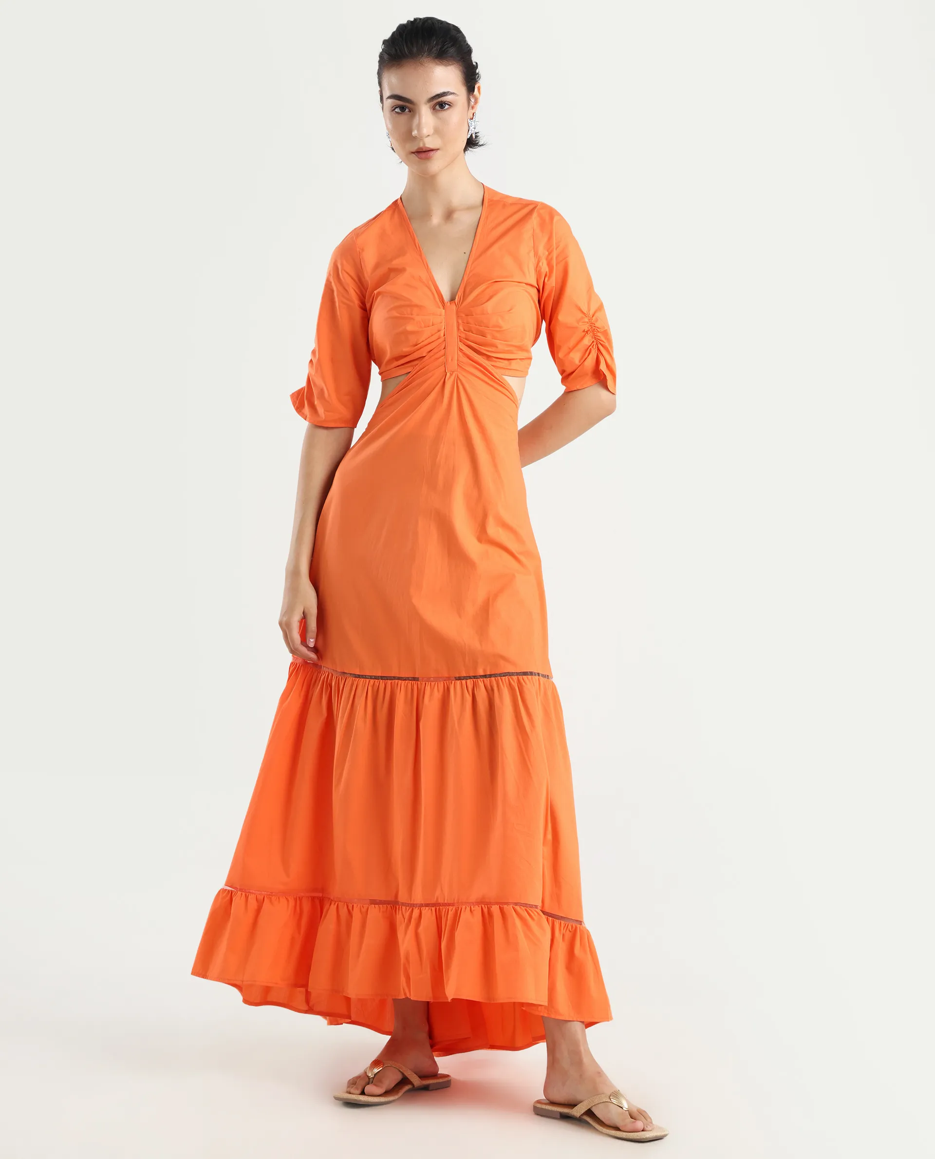 Rareism Women's Lesman Orange Cotton V-Neck Plain Puff Sleeves Maxi Fit And Flare Dress - Image 3