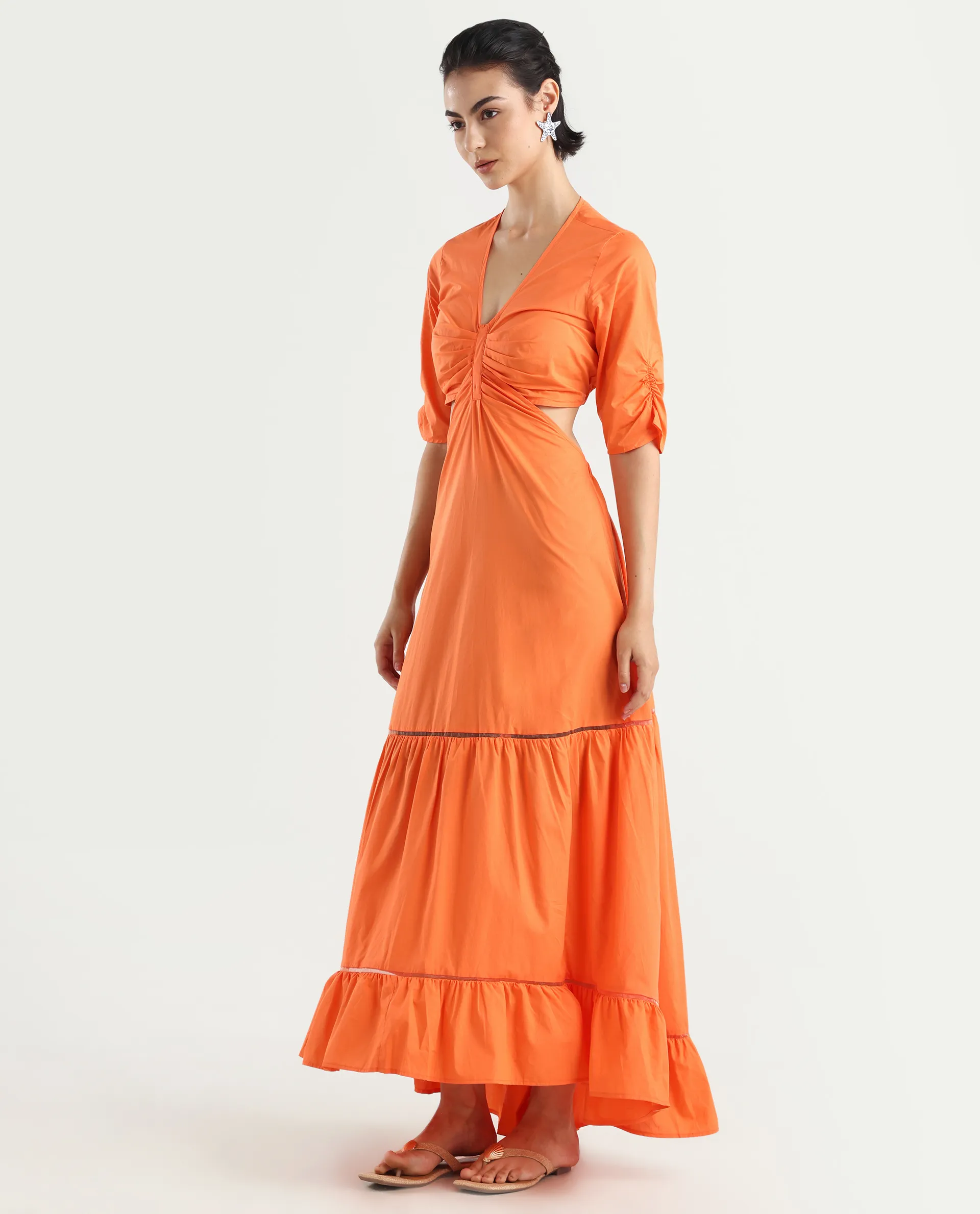 Rareism Women's Lesman Orange Cotton V-Neck Plain Puff Sleeves Maxi Fit And Flare Dress - Image 4