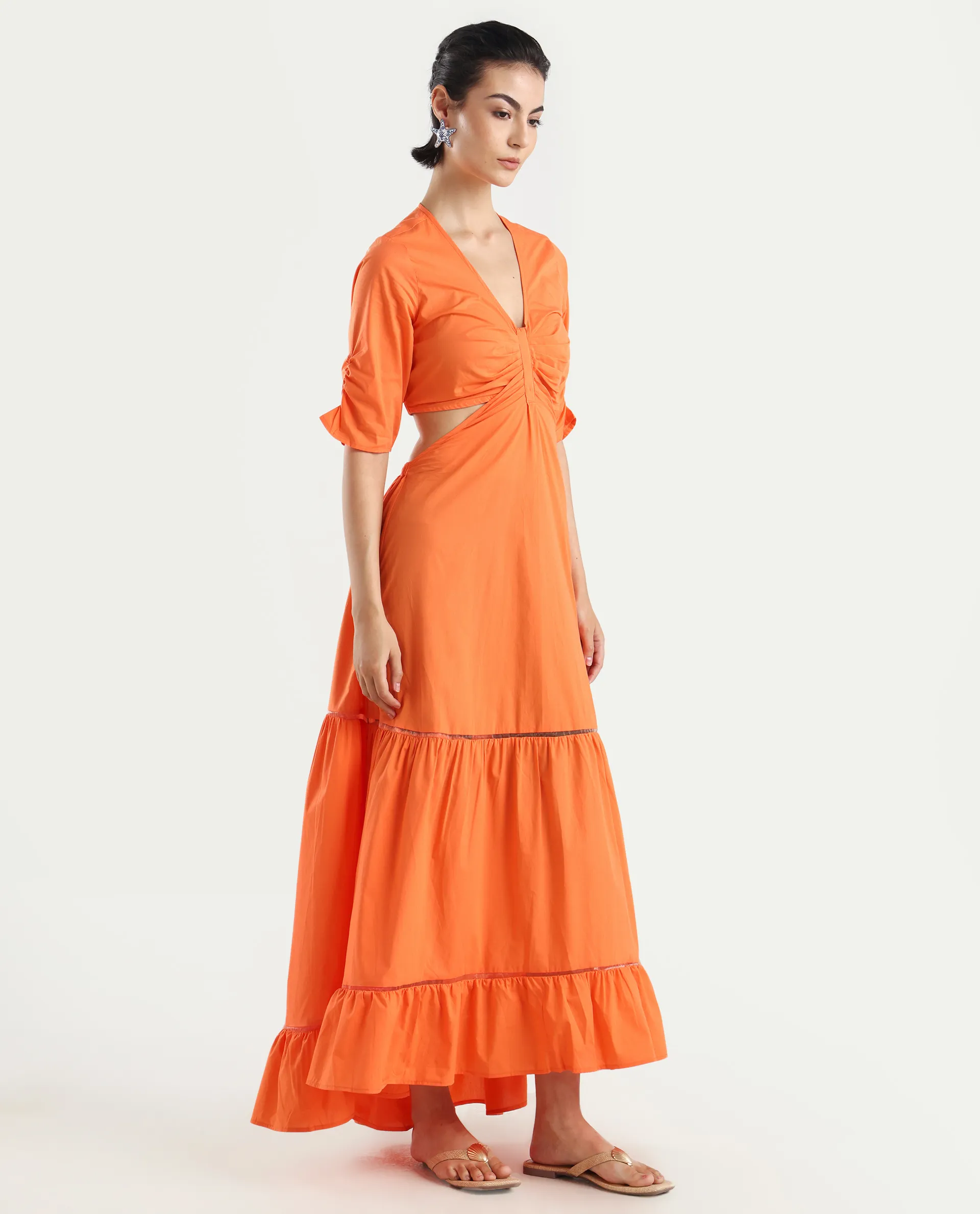 Rareism Women's Lesman Orange Cotton V-Neck Plain Puff Sleeves Maxi Fit And Flare Dress - Image 5