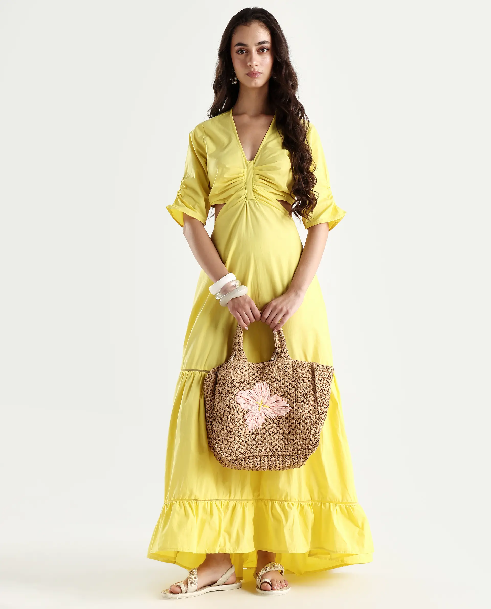 Rareism Women's Lesman Yellow Cotton V-Neck Plain Puff Sleeves Maxi Fit And Flare Dress - Image 2