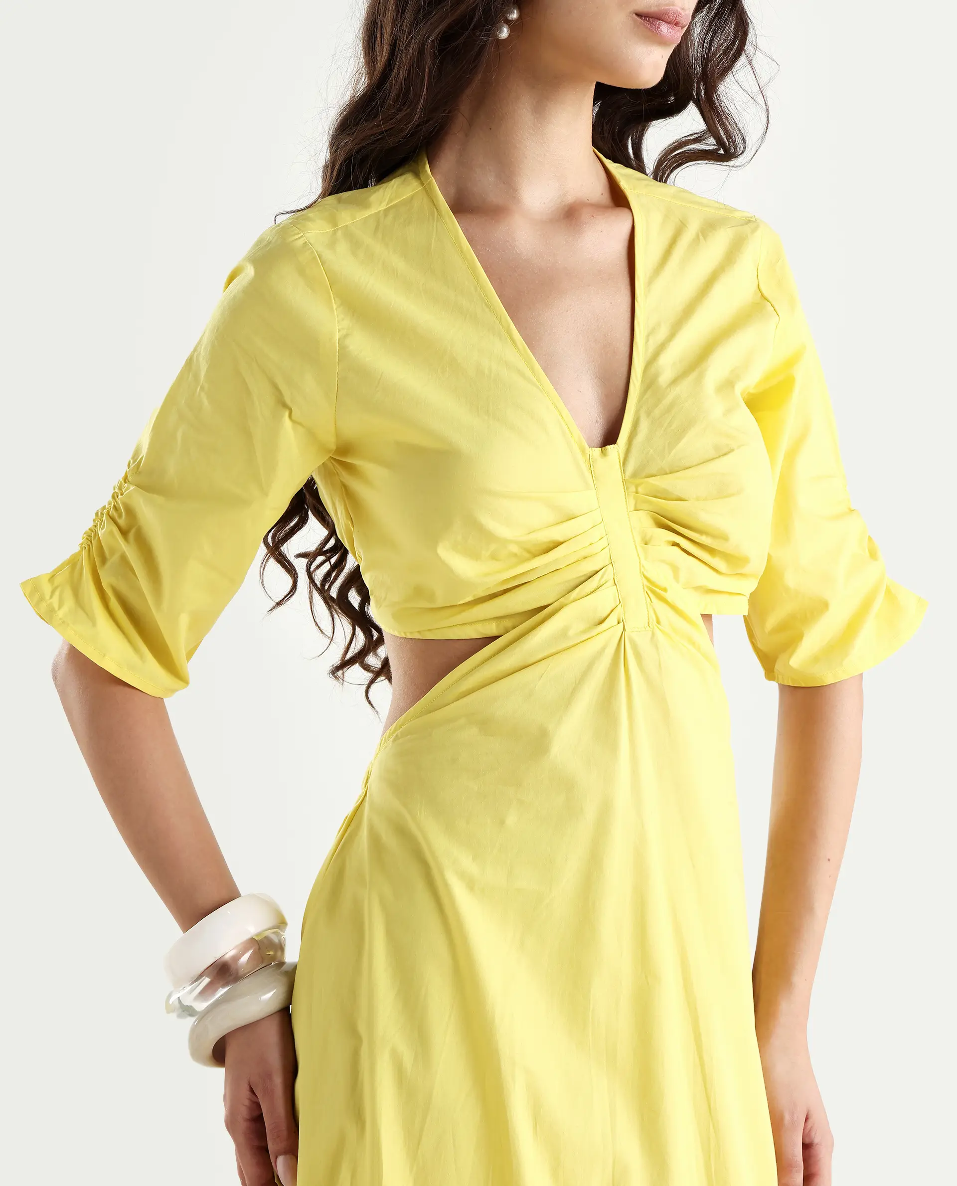 Rareism Women's Lesman Yellow Cotton V-Neck Plain Puff Sleeves Maxi Fit And Flare Dress - Image 3