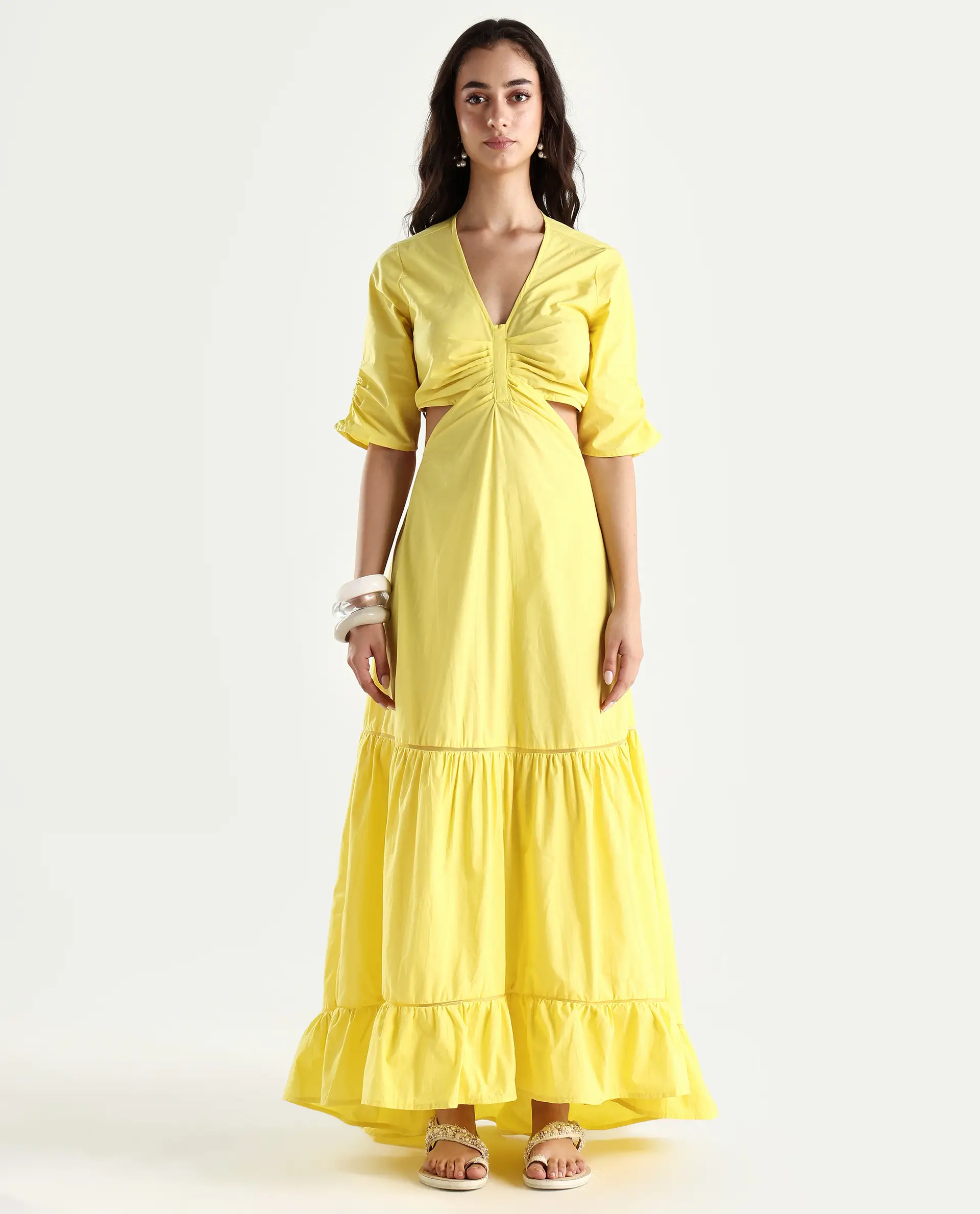 Rareism Women's Lesman Yellow Cotton V-Neck Plain Puff Sleeves Maxi Fit And Flare Dress - Image 4