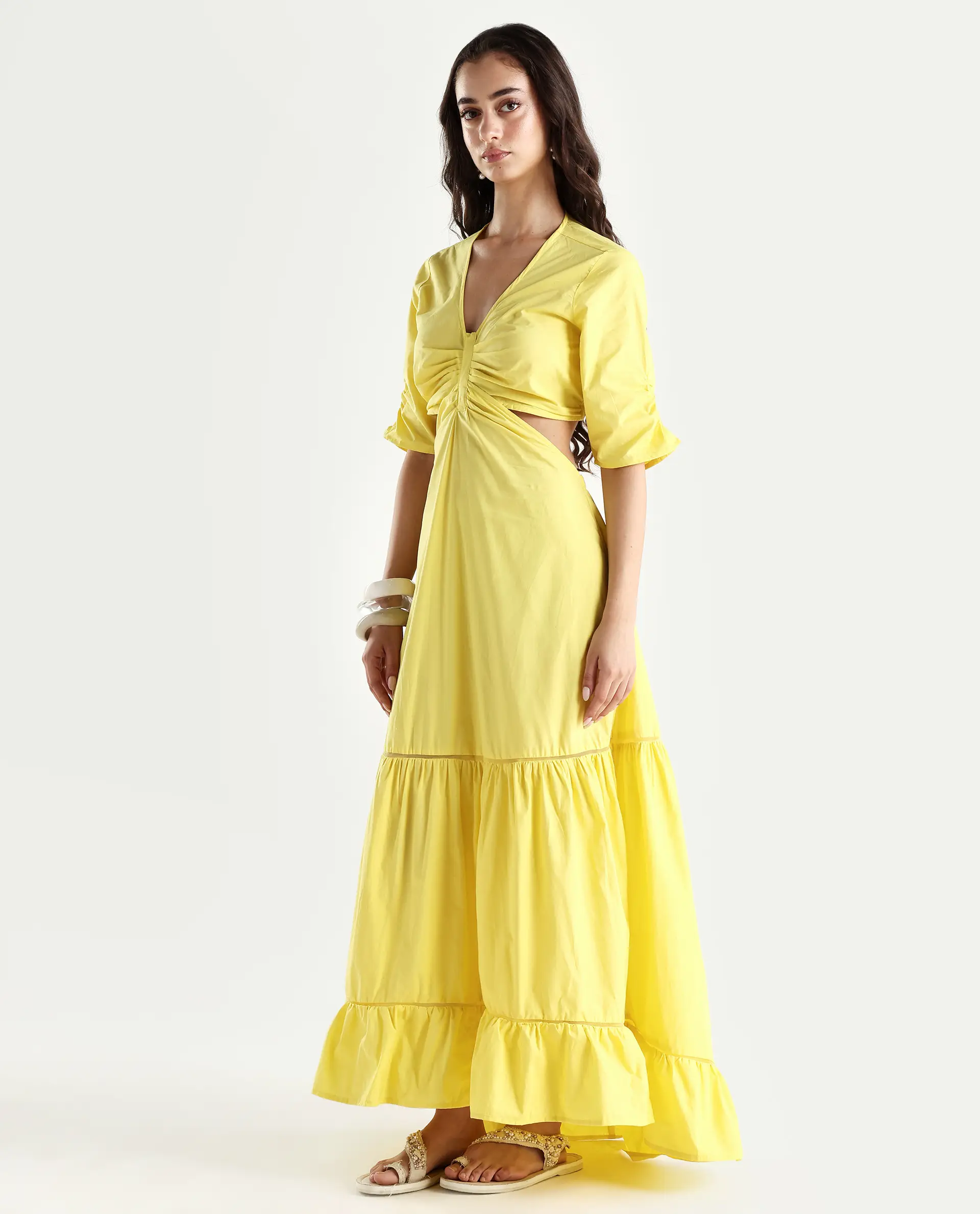 Rareism Women's Lesman Yellow Cotton V-Neck Plain Puff Sleeves Maxi Fit And Flare Dress - Image 5