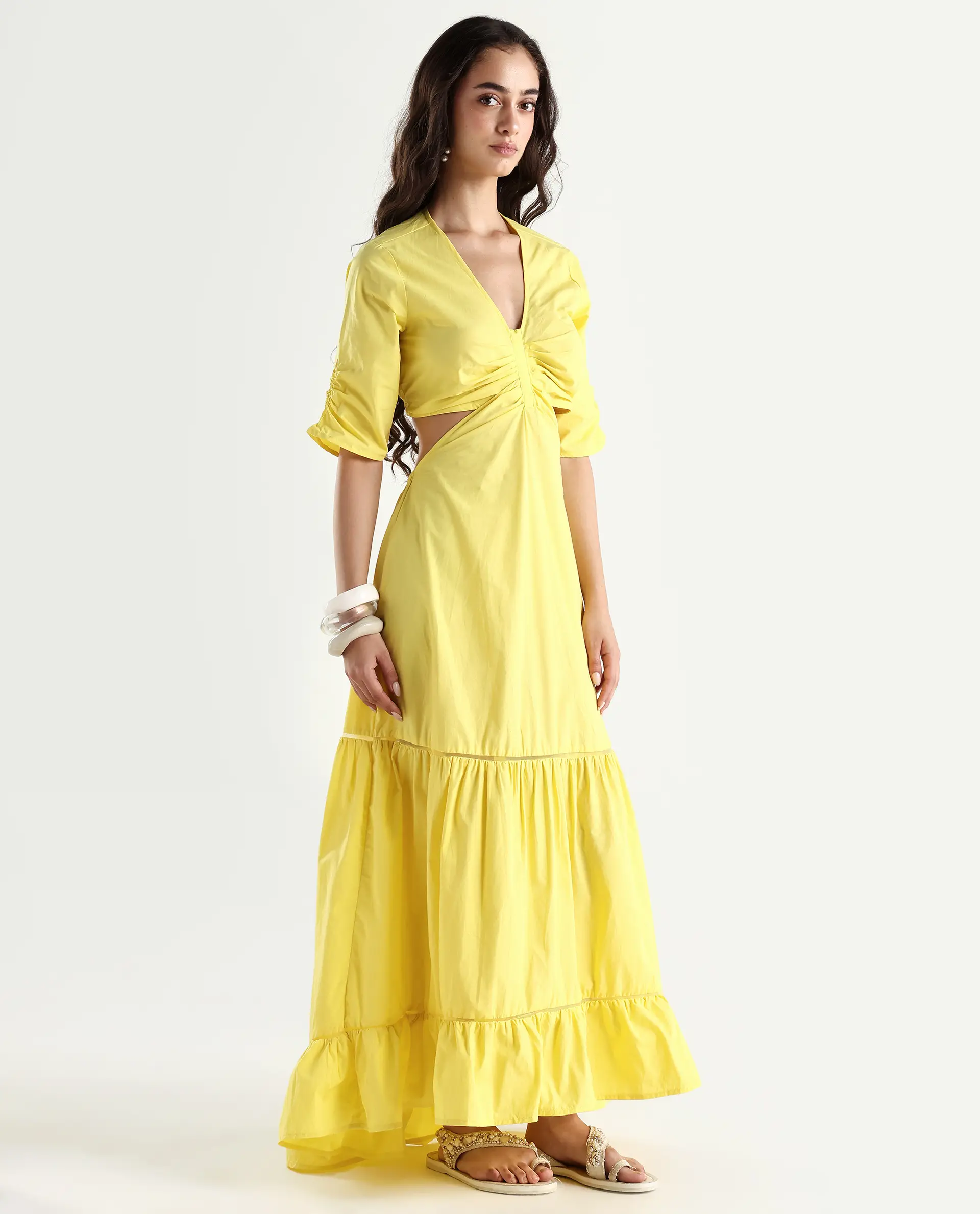 Rareism Women's Lesman Yellow Cotton V-Neck Plain Puff Sleeves Maxi Fit And Flare Dress - Image 6
