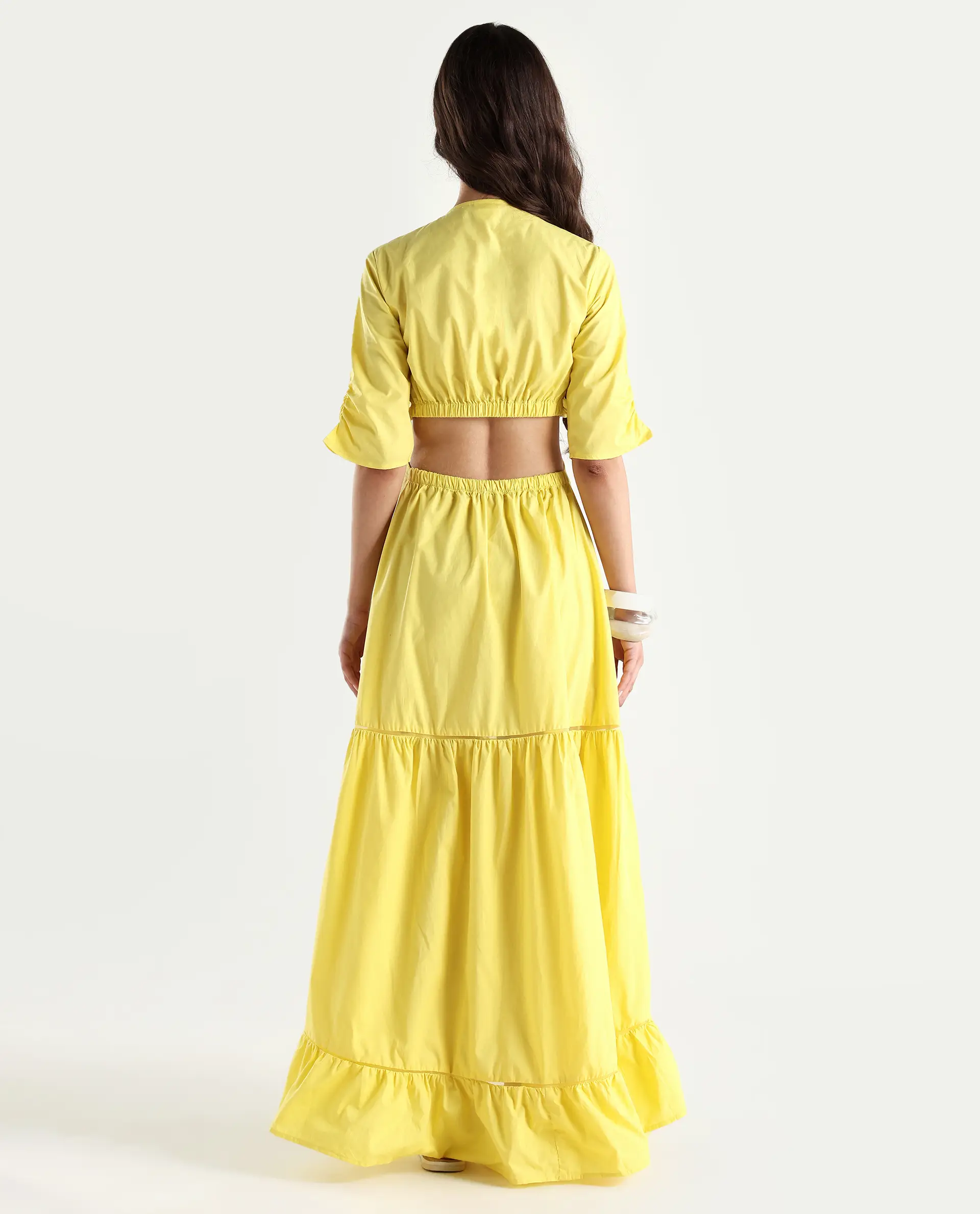Rareism Women's Lesman Yellow Cotton V-Neck Plain Puff Sleeves Maxi Fit And Flare Dress - Image 7