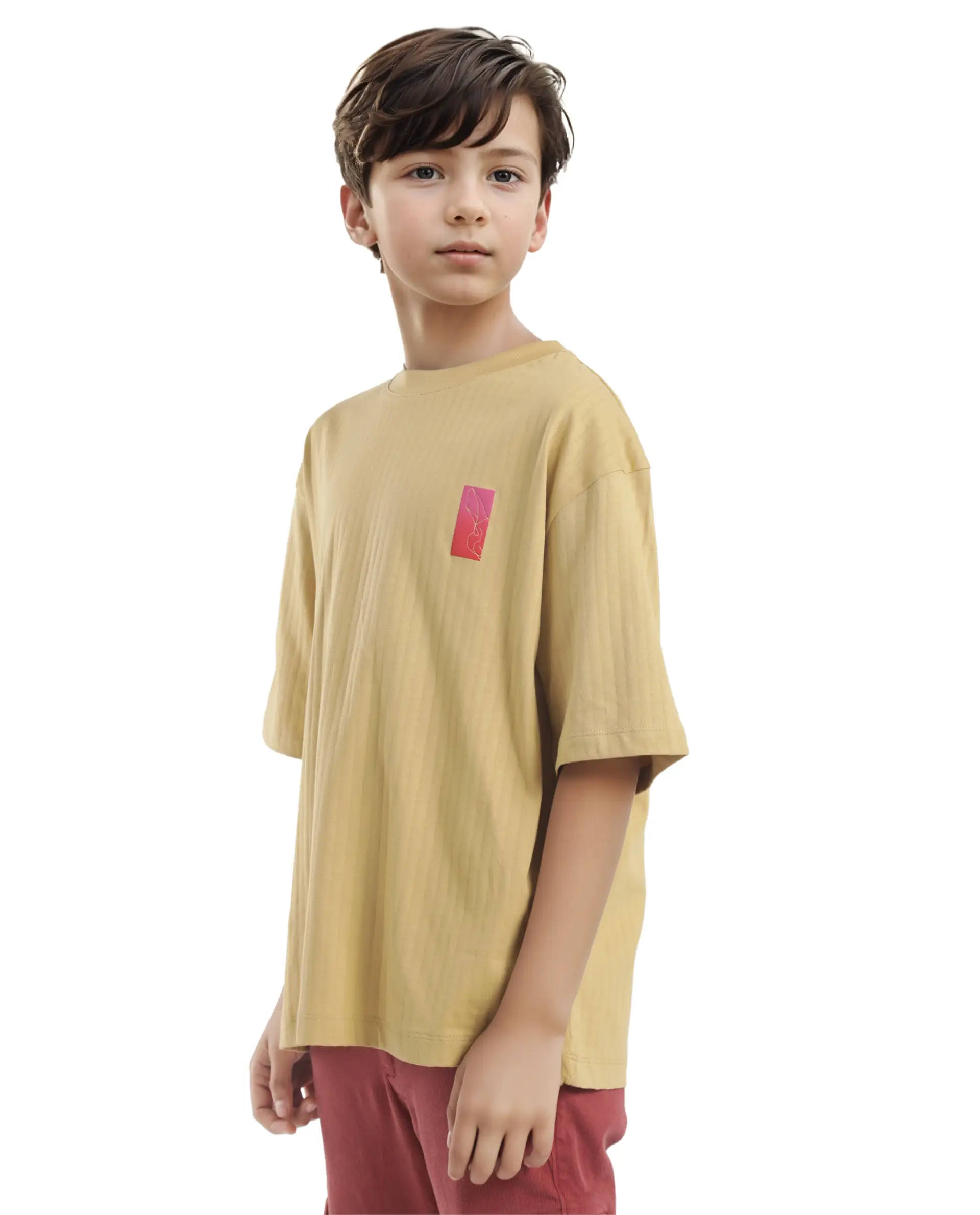 Rare Ones Kids Lest Mustard Cotton Half Sleeves Ribbed Crew Neck Graphic Back Print Oversized Fit T-Shirt - Image 6