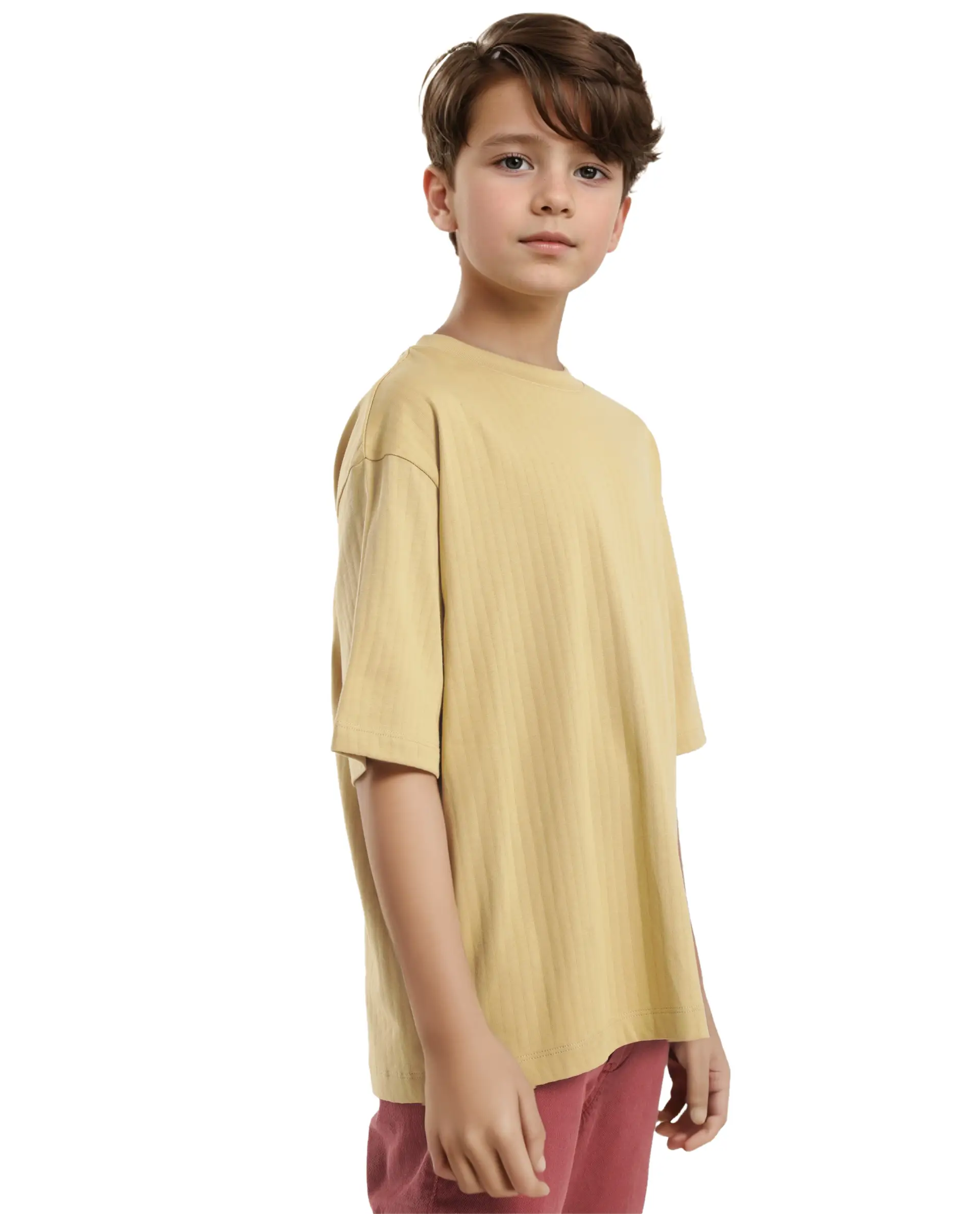Rare Ones Kids Lest Mustard Cotton Half Sleeves Ribbed Crew Neck Graphic Back Print Oversized Fit T-Shirt - Image 7