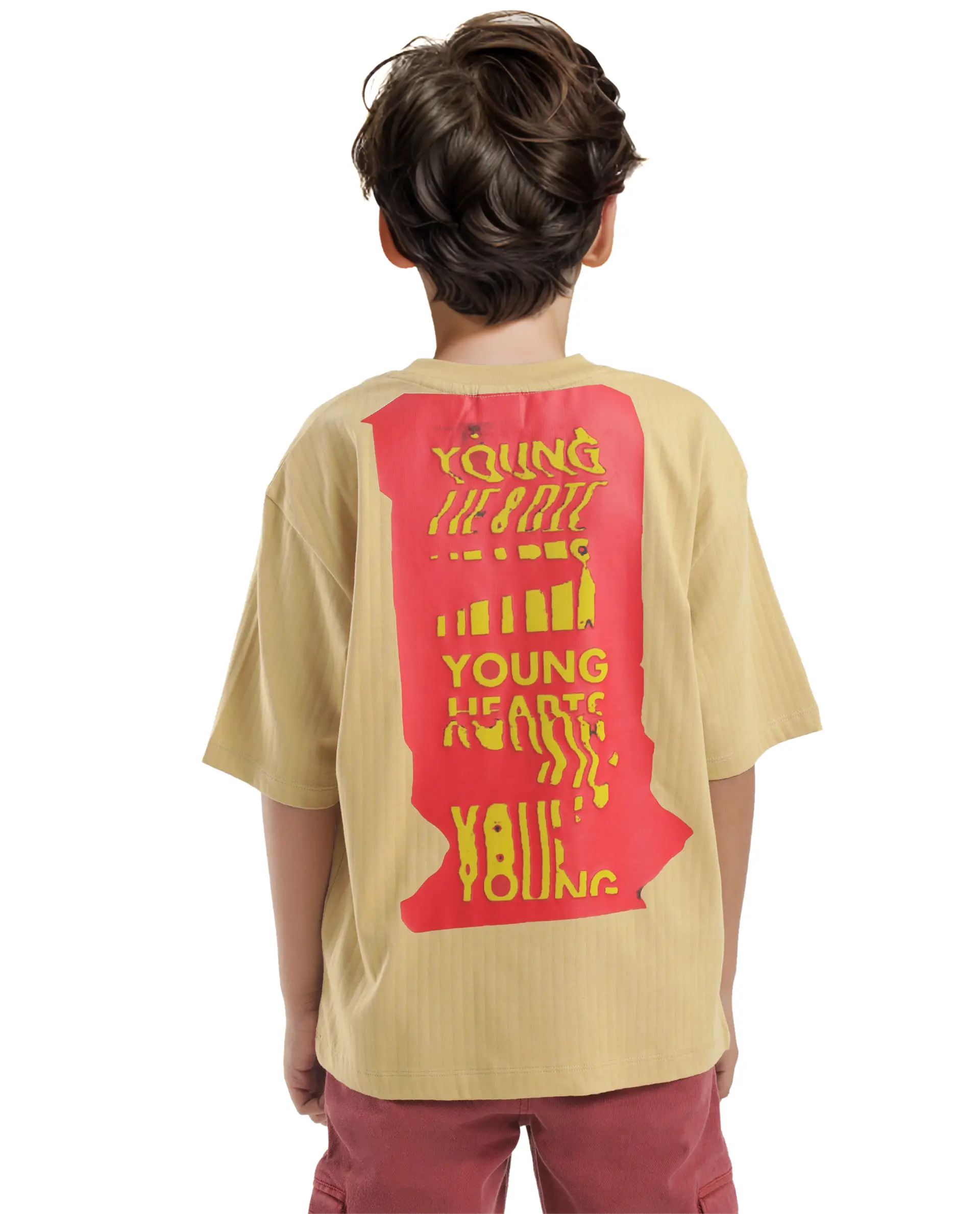 Rare Ones Kids Lest Mustard Cotton Half Sleeves Ribbed Crew Neck Graphic Back Print Oversized Fit T-Shirt - Image 8