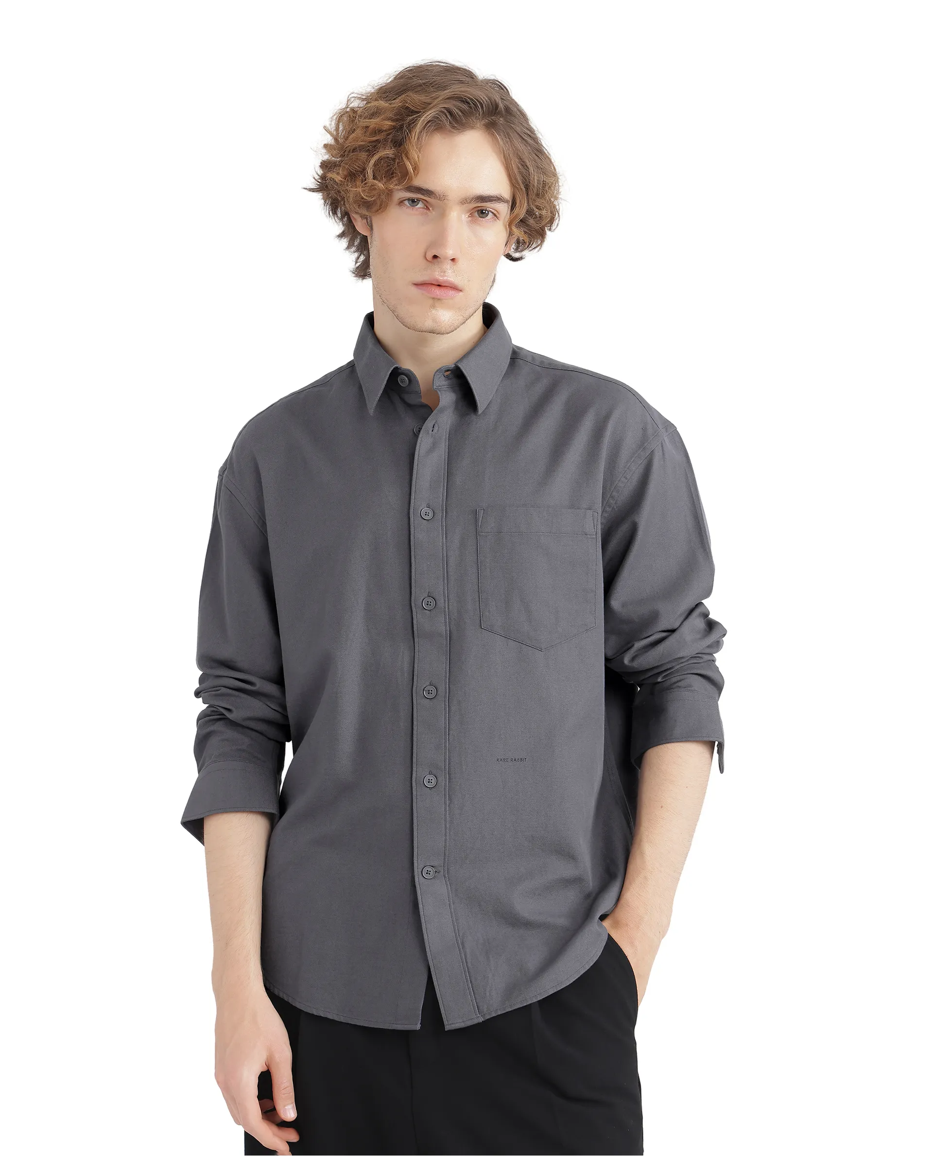 Rare Rabbit Men's Let Dark Grey Cotton Blend Plain Boxy Fit Full Sleeve Collared Shirt - Image 2