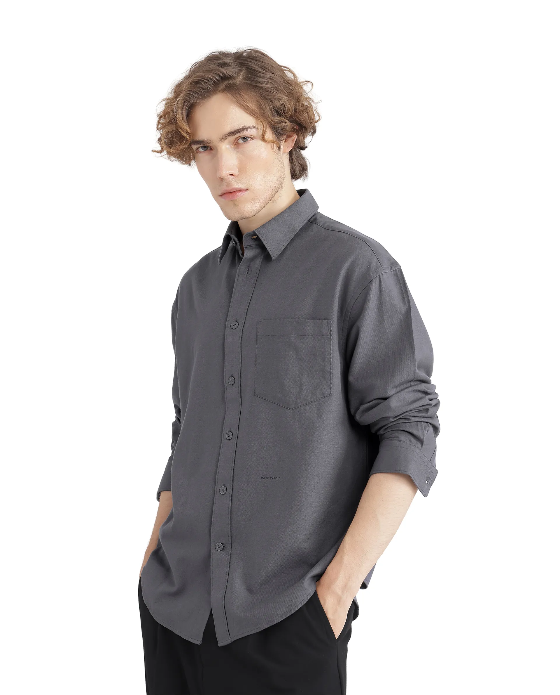 Rare Rabbit Men's Let Dark Grey Cotton Blend Plain Boxy Fit Full Sleeve Collared Shirt - Image 4