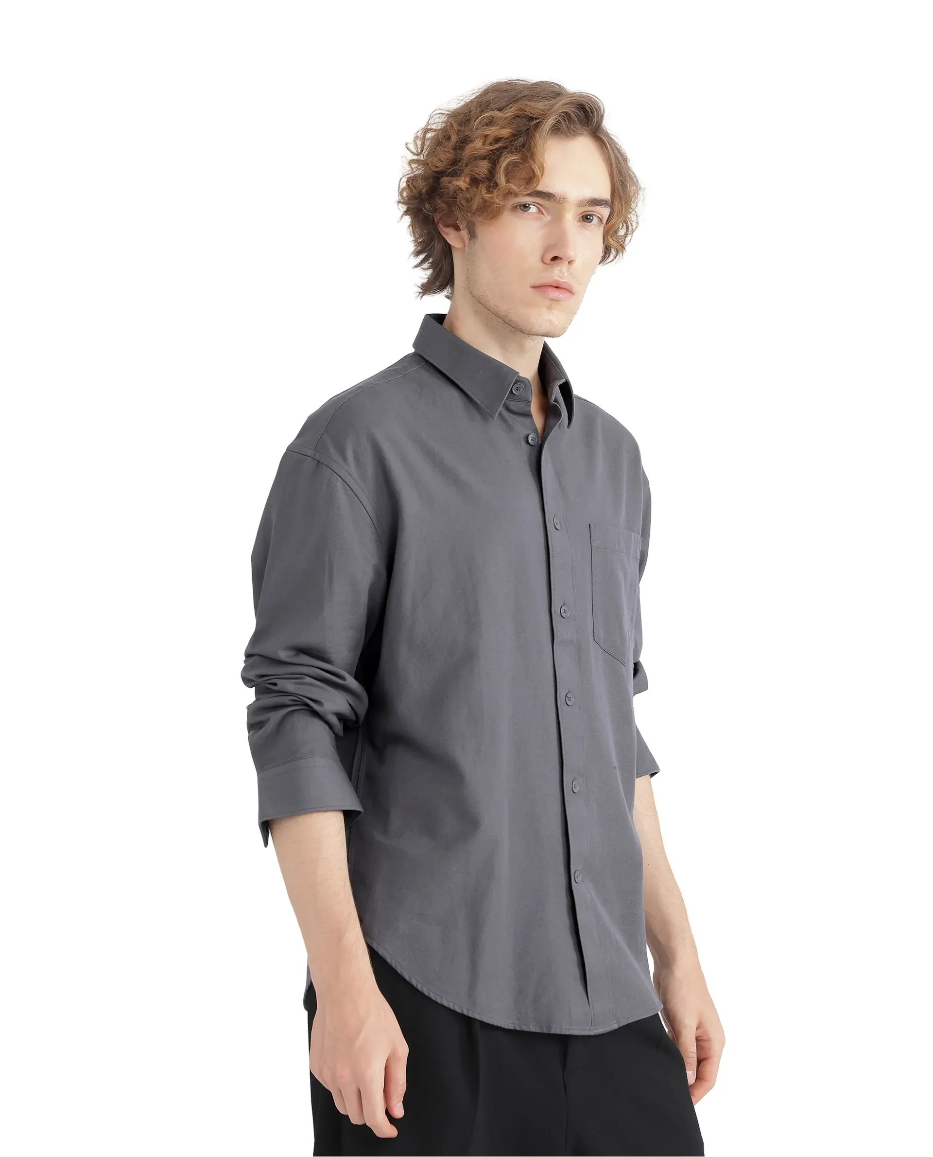 Rare Rabbit Men's Let Dark Grey Cotton Blend Plain Boxy Fit Full Sleeve Collared Shirt - Image 5