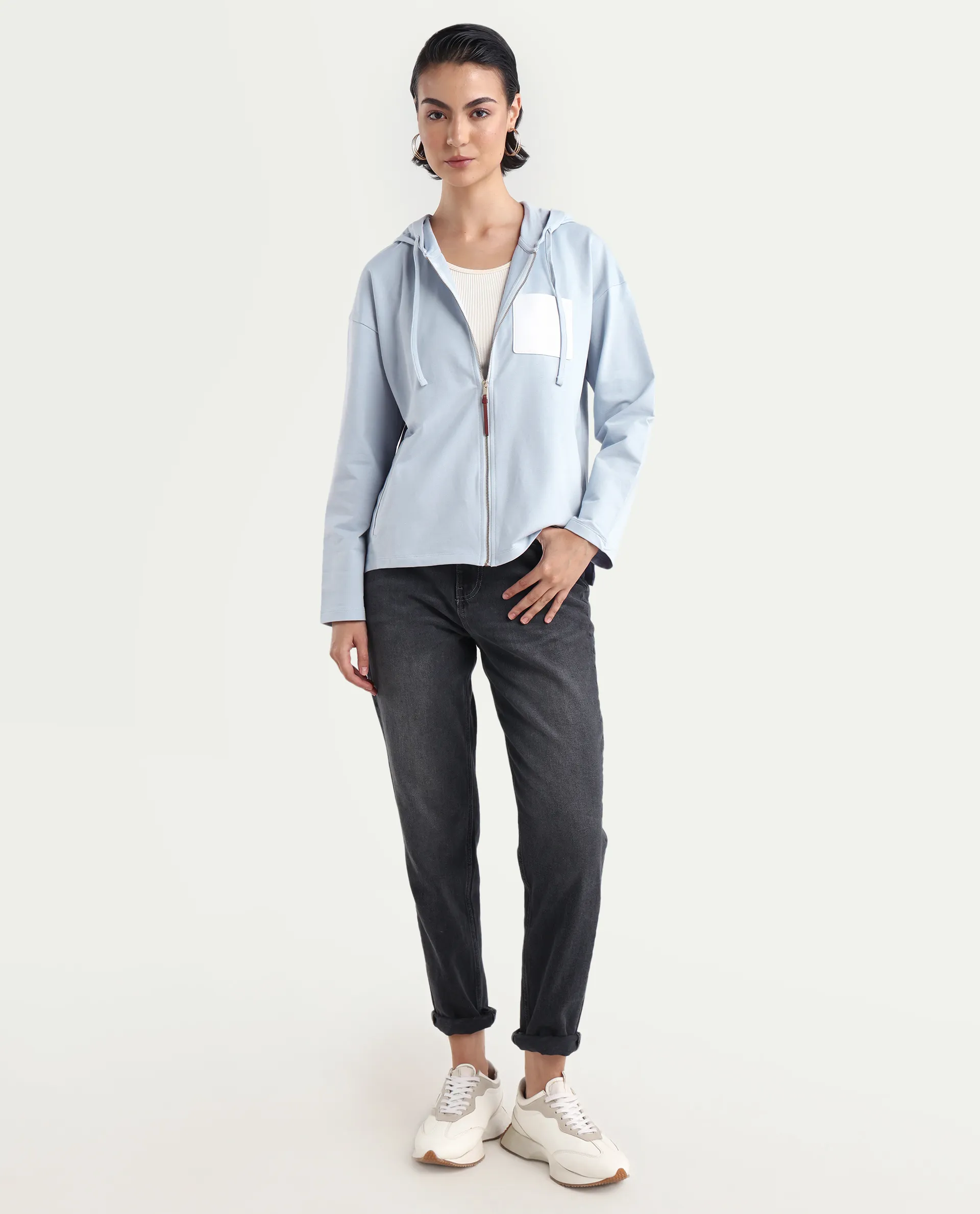 Rareism Women's Leth Light Blue Cotton Blend Hooded Plain Relaxed Fit Sweatshirt - Image 2