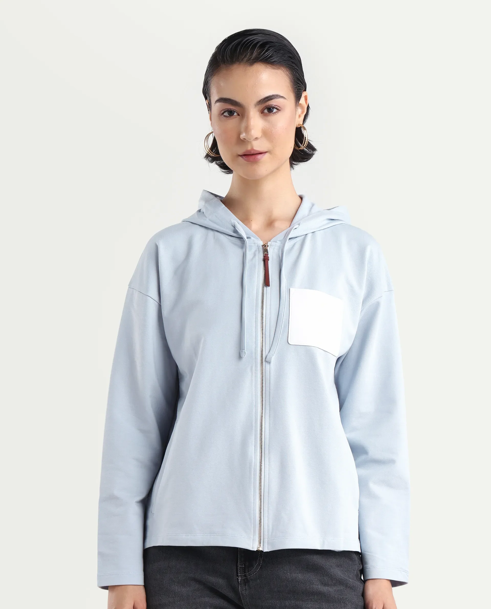 Rareism Women's Leth Light Blue Cotton Blend Hooded Plain Relaxed Fit Sweatshirt - Image 3