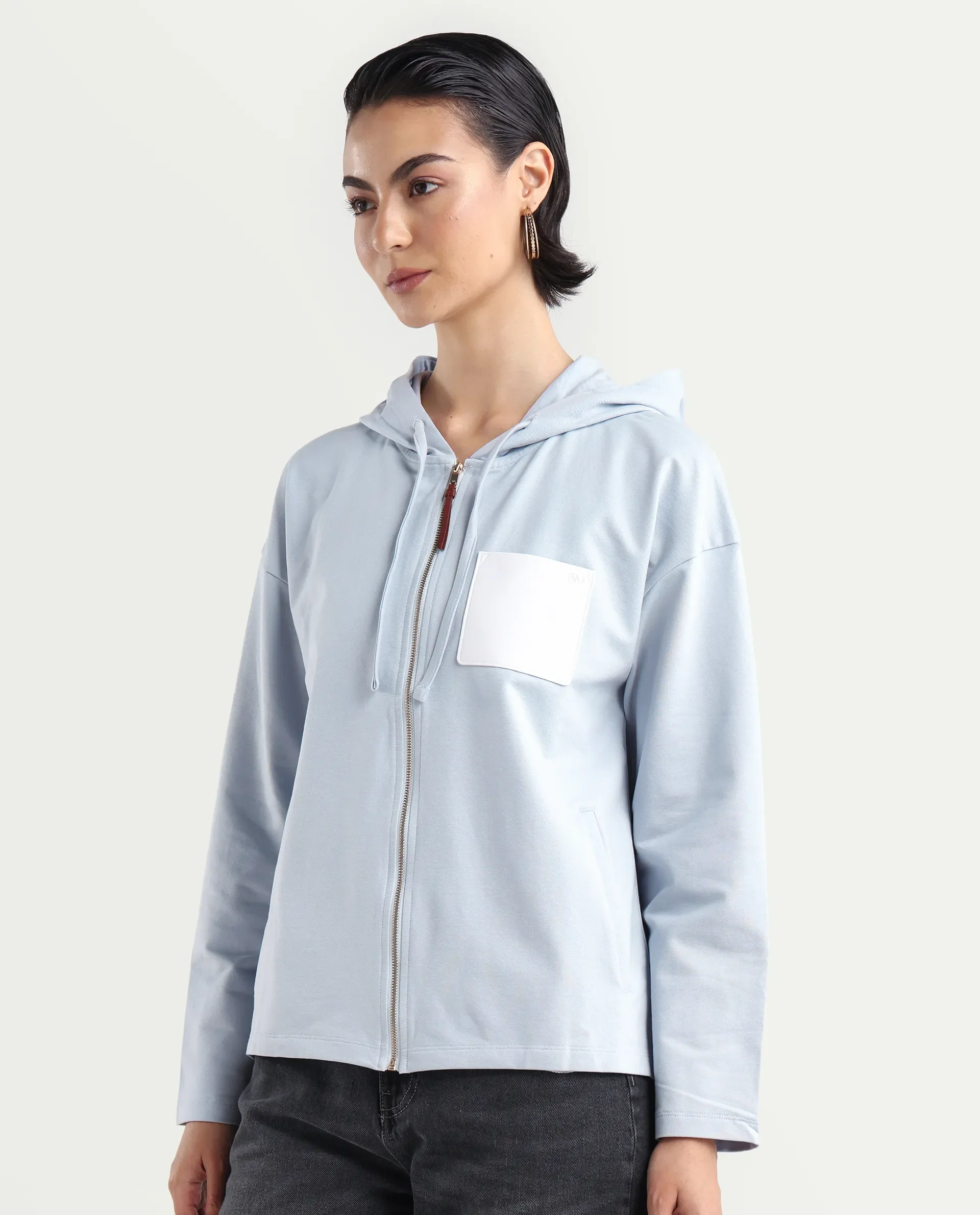 Rareism Women's Leth Light Blue Cotton Blend Hooded Plain Relaxed Fit Sweatshirt - Image 5