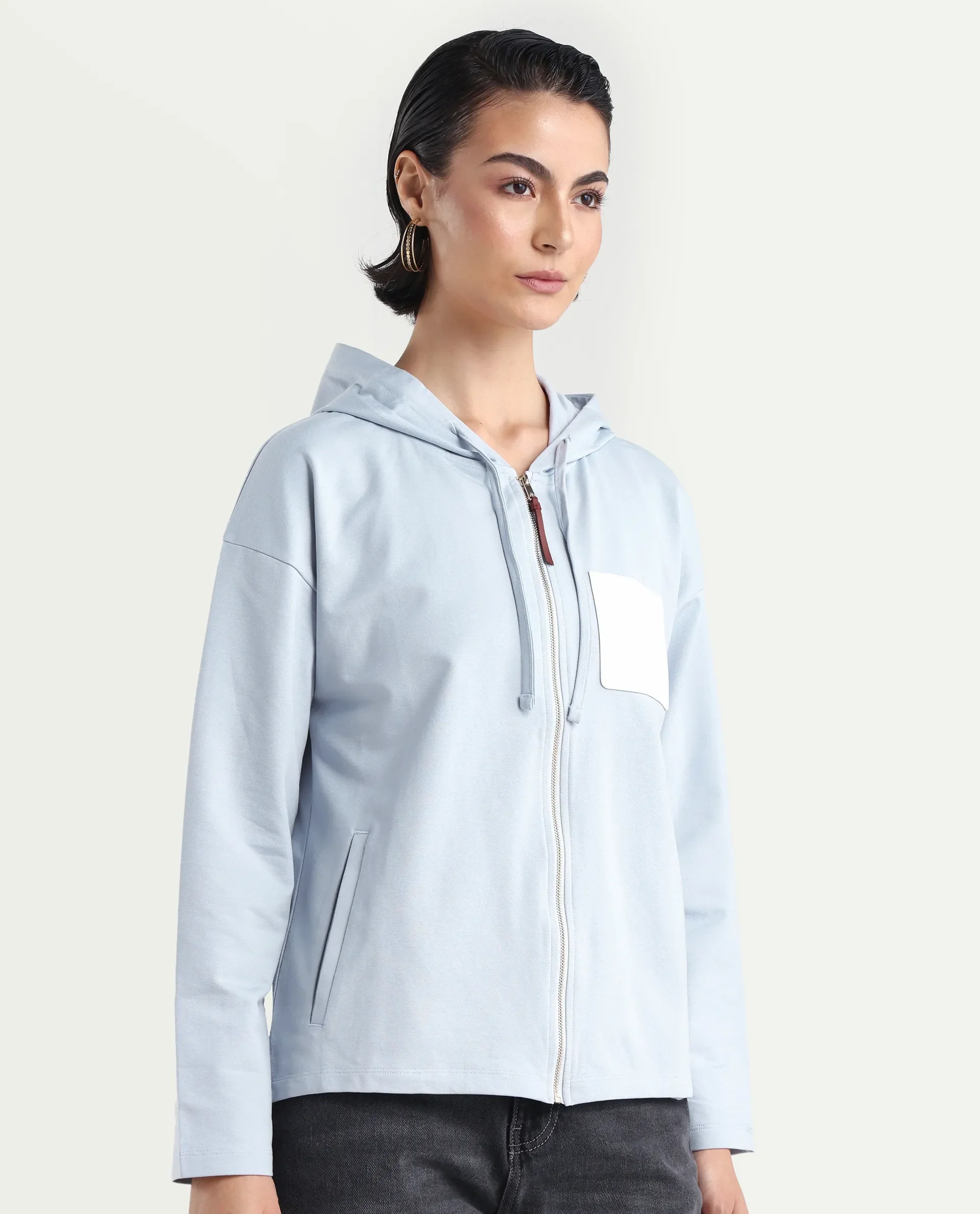 Rareism Women's Leth Light Blue Cotton Blend Hooded Plain Relaxed Fit Sweatshirt - Image 6