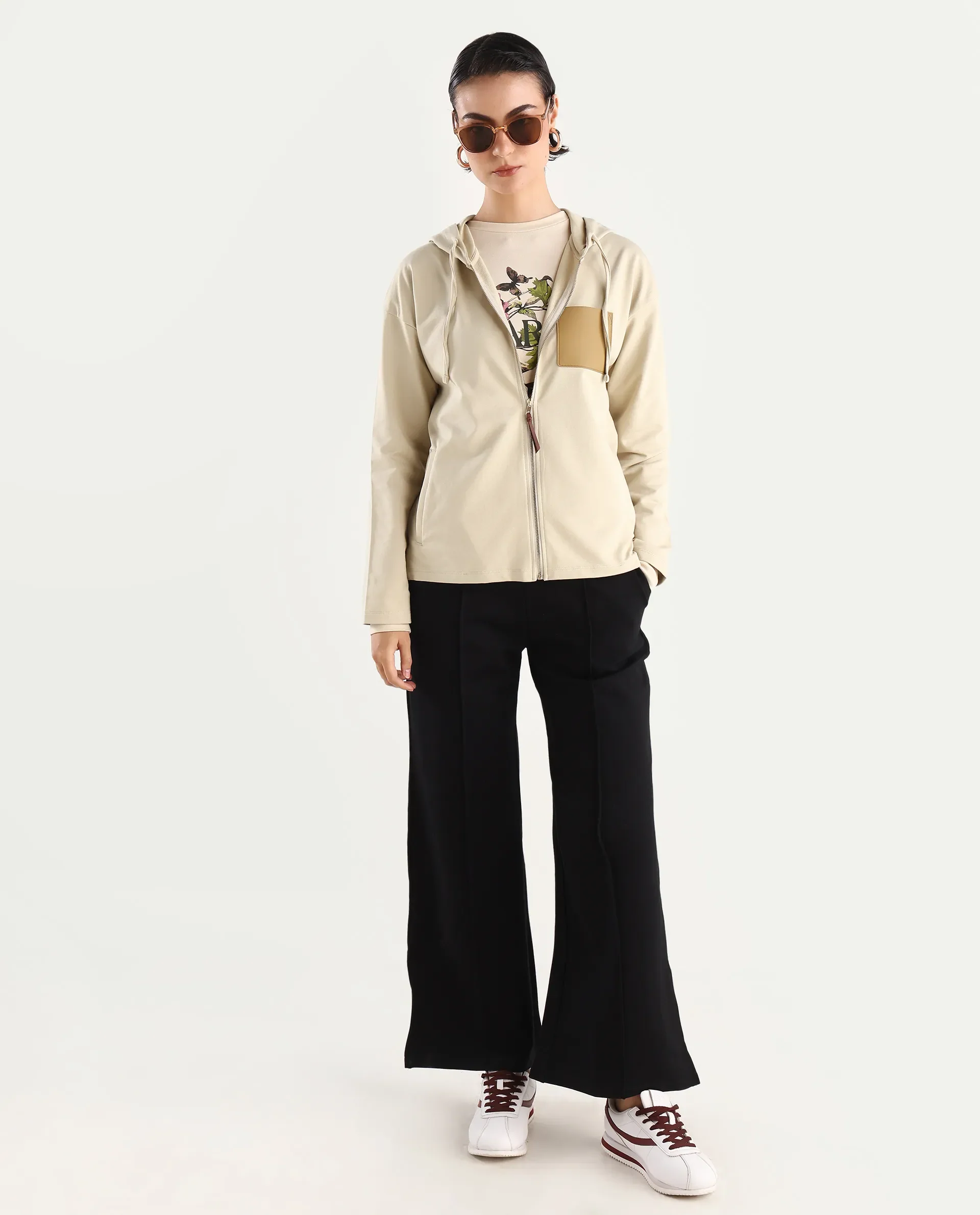 Rareism Women's Leth Light Brown Cotton Blend Hooded Plain Relaxed Fit Sweatshirt - Image 2