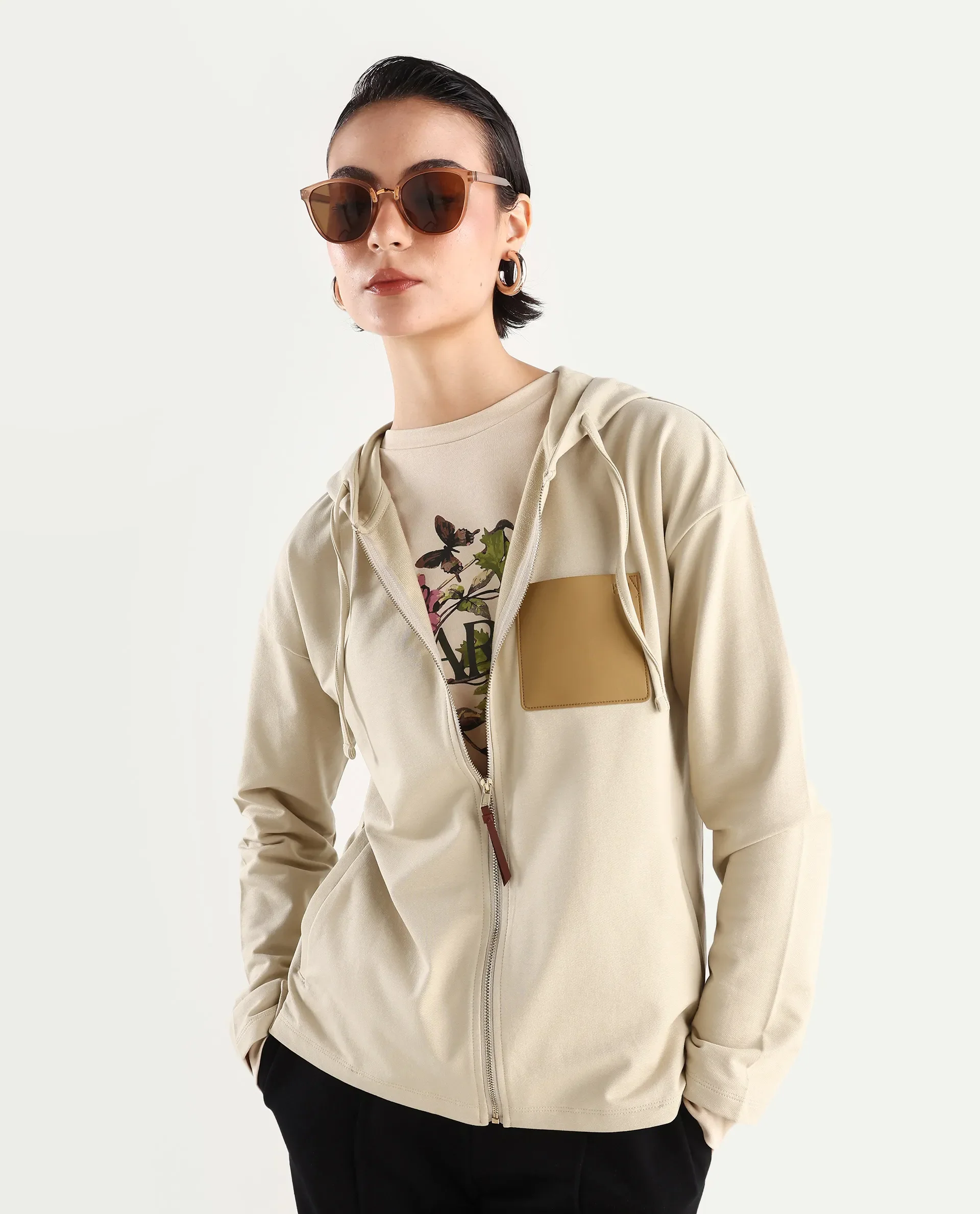 Rareism Women's Leth Light Brown Cotton Blend Hooded Plain Relaxed Fit Sweatshirt - Image 3