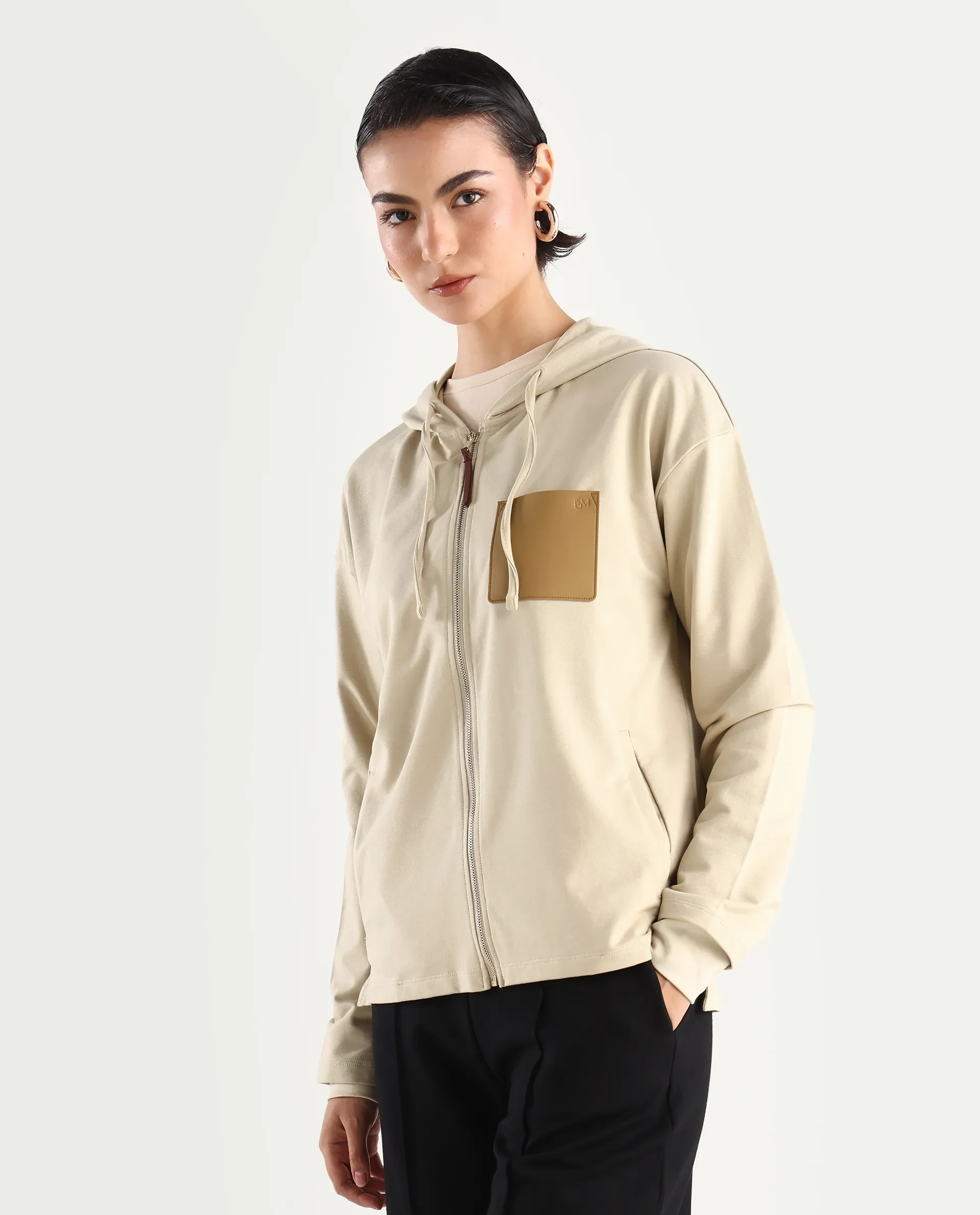 Rareism Women's Leth Light Brown Cotton Blend Hooded Plain Relaxed Fit Sweatshirt - Image 5