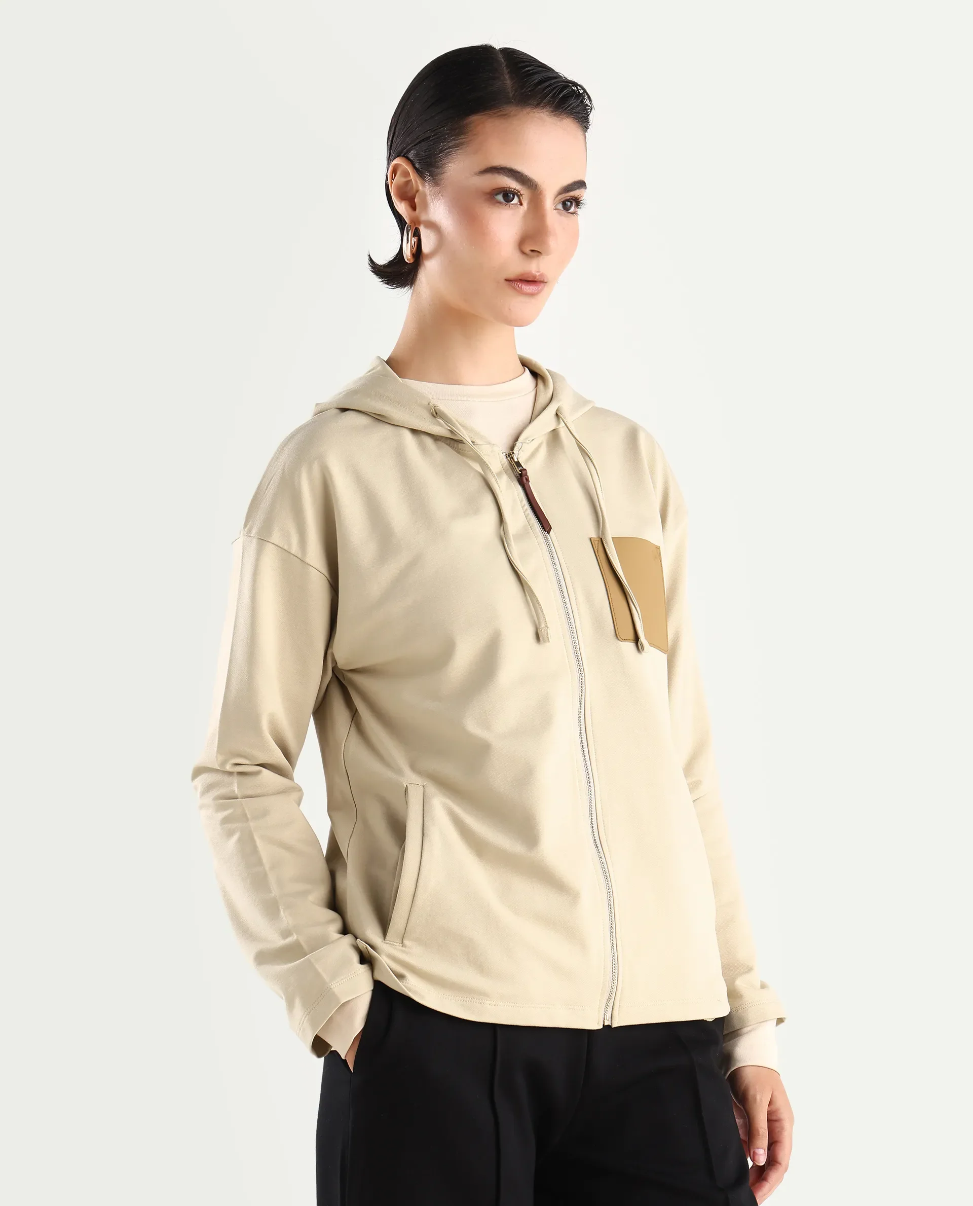 Rareism Women's Leth Light Brown Cotton Blend Hooded Plain Relaxed Fit Sweatshirt - Image 6