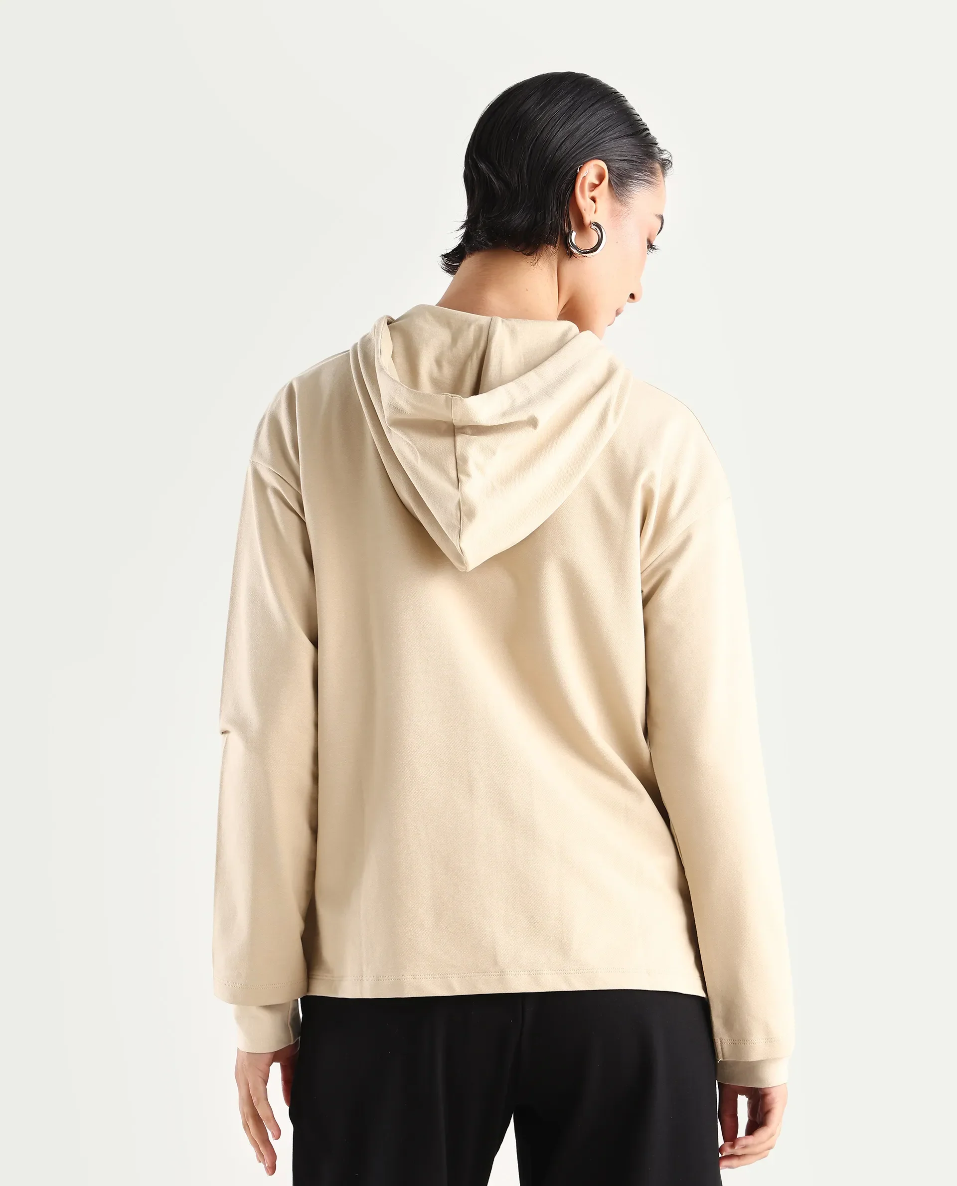 Rareism Women's Leth Light Brown Cotton Blend Hooded Plain Relaxed Fit Sweatshirt - Image 7
