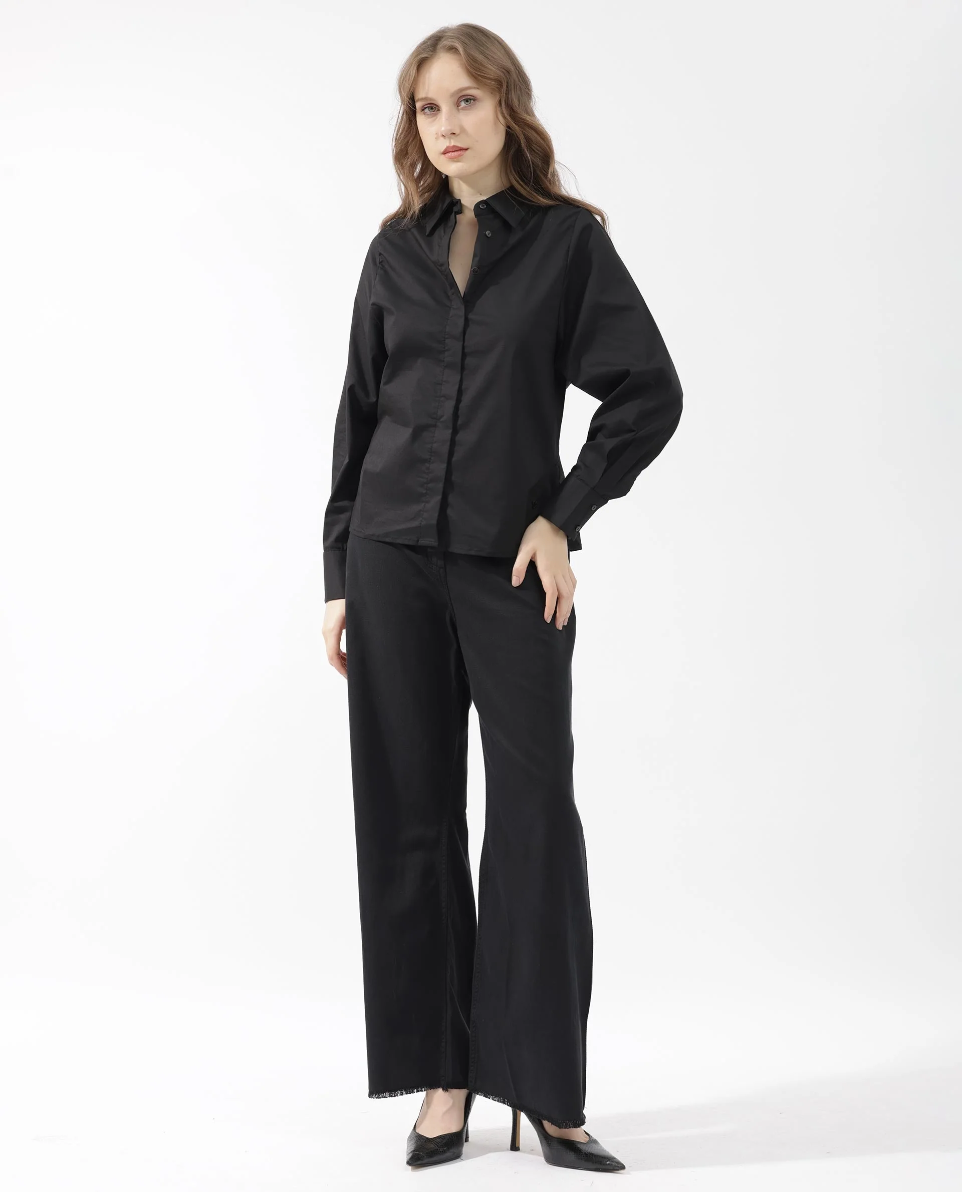 Rareism Women's Letizia Black Cotton Blend Spread Collar Plain Relaxed Fit Shirt - Image 10