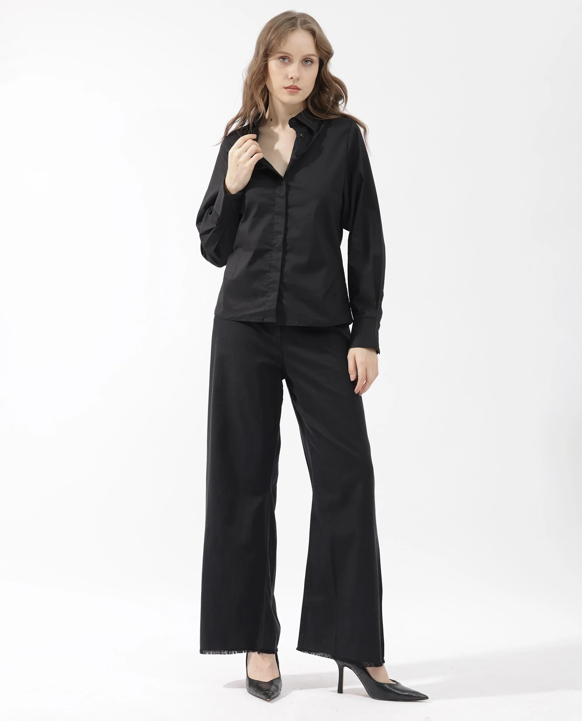 Rareism Women's Letizia Black Cotton Blend Spread Collar Plain Relaxed Fit Shirt - Image 3