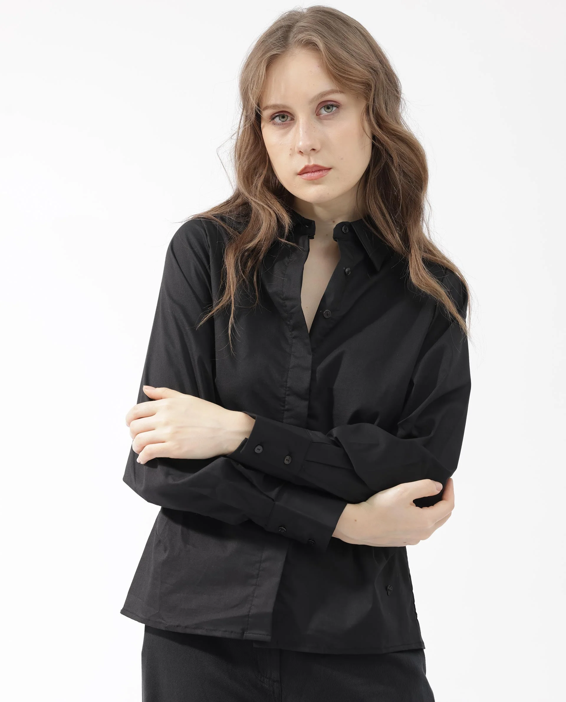 Rareism Women's Letizia Black Cotton Blend Spread Collar Plain Relaxed Fit Shirt - Image 4