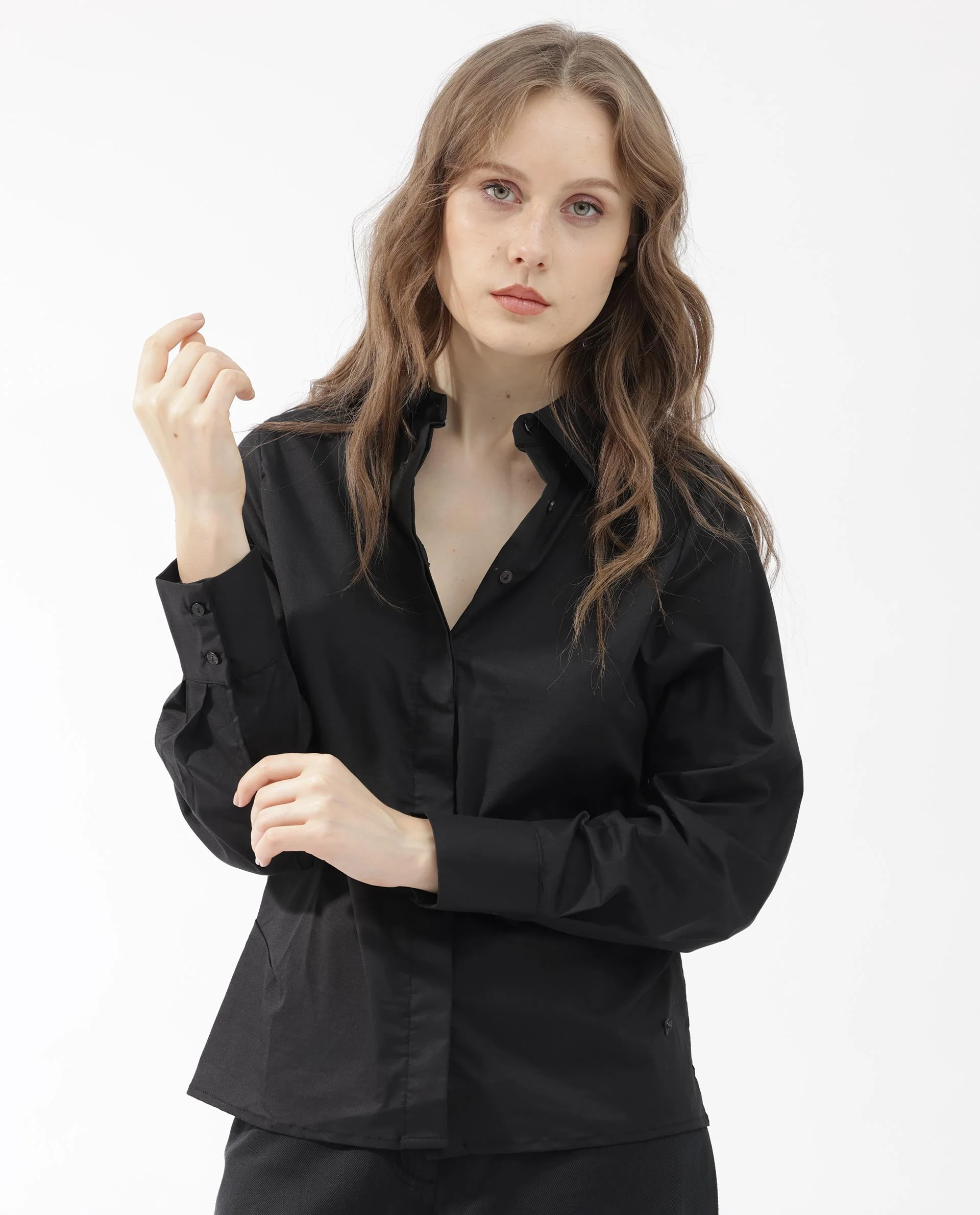 Rareism Women's Letizia Black Cotton Blend Spread Collar Plain Relaxed Fit Shirt - Image 5