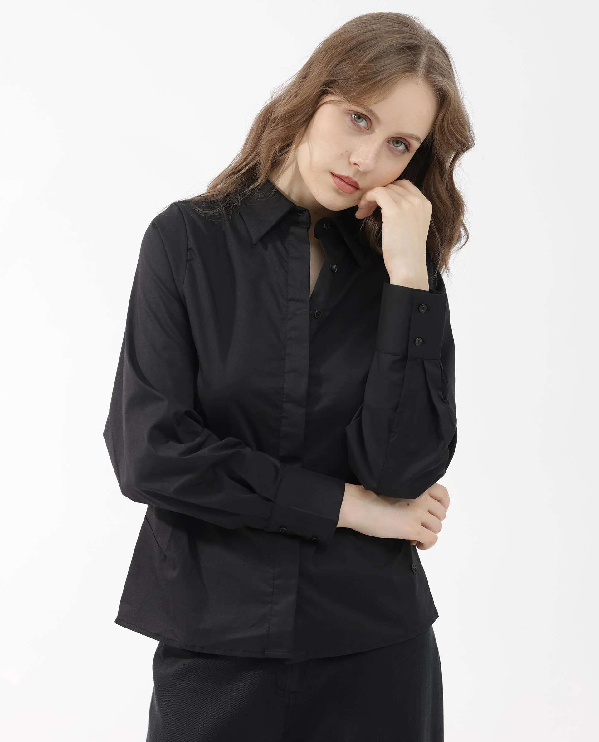 Rareism Women's Letizia Black Cotton Blend Spread Collar Plain Relaxed Fit Shirt - Image 6
