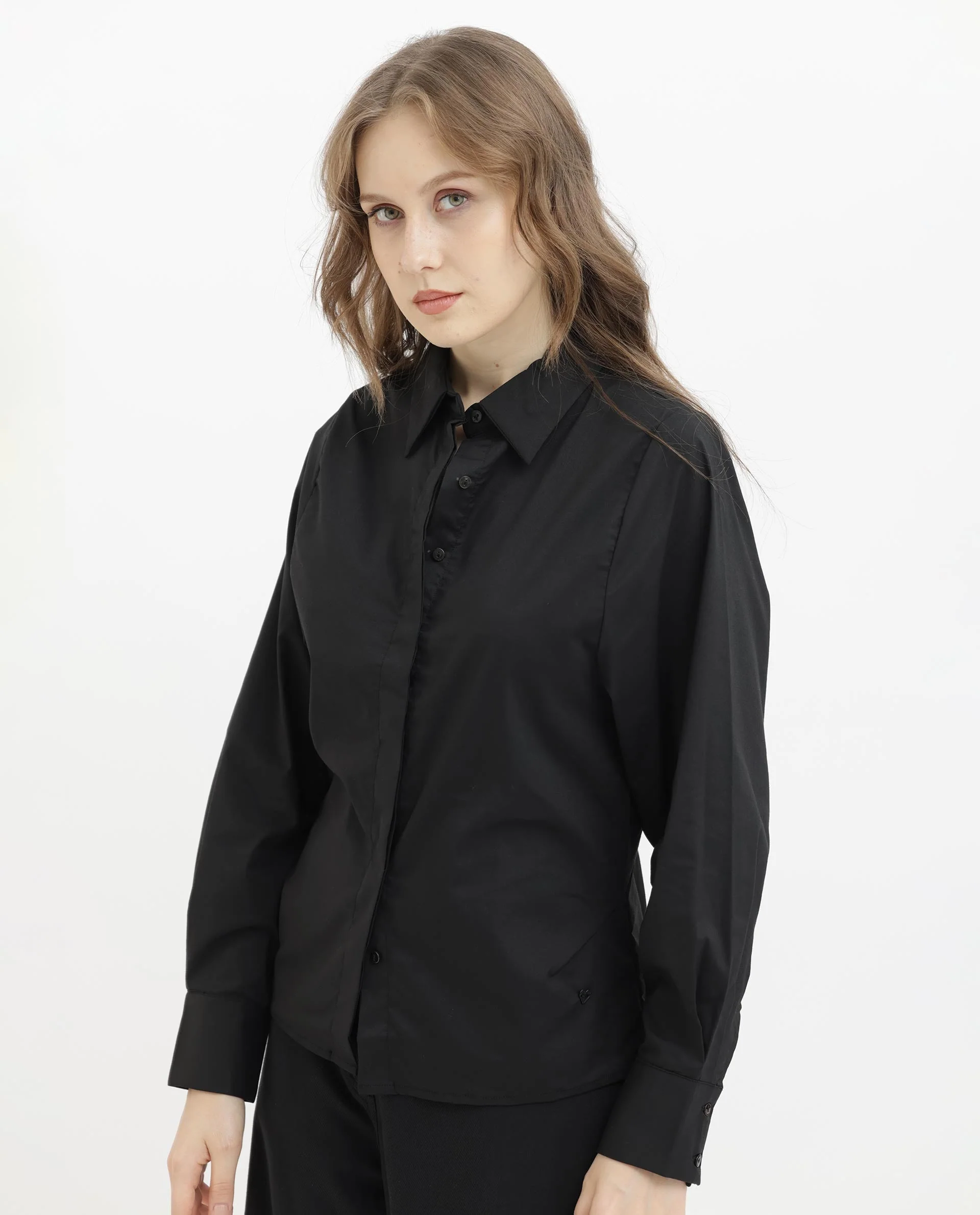 Rareism Women's Letizia Black Cotton Blend Spread Collar Plain Relaxed Fit Shirt - Image 7