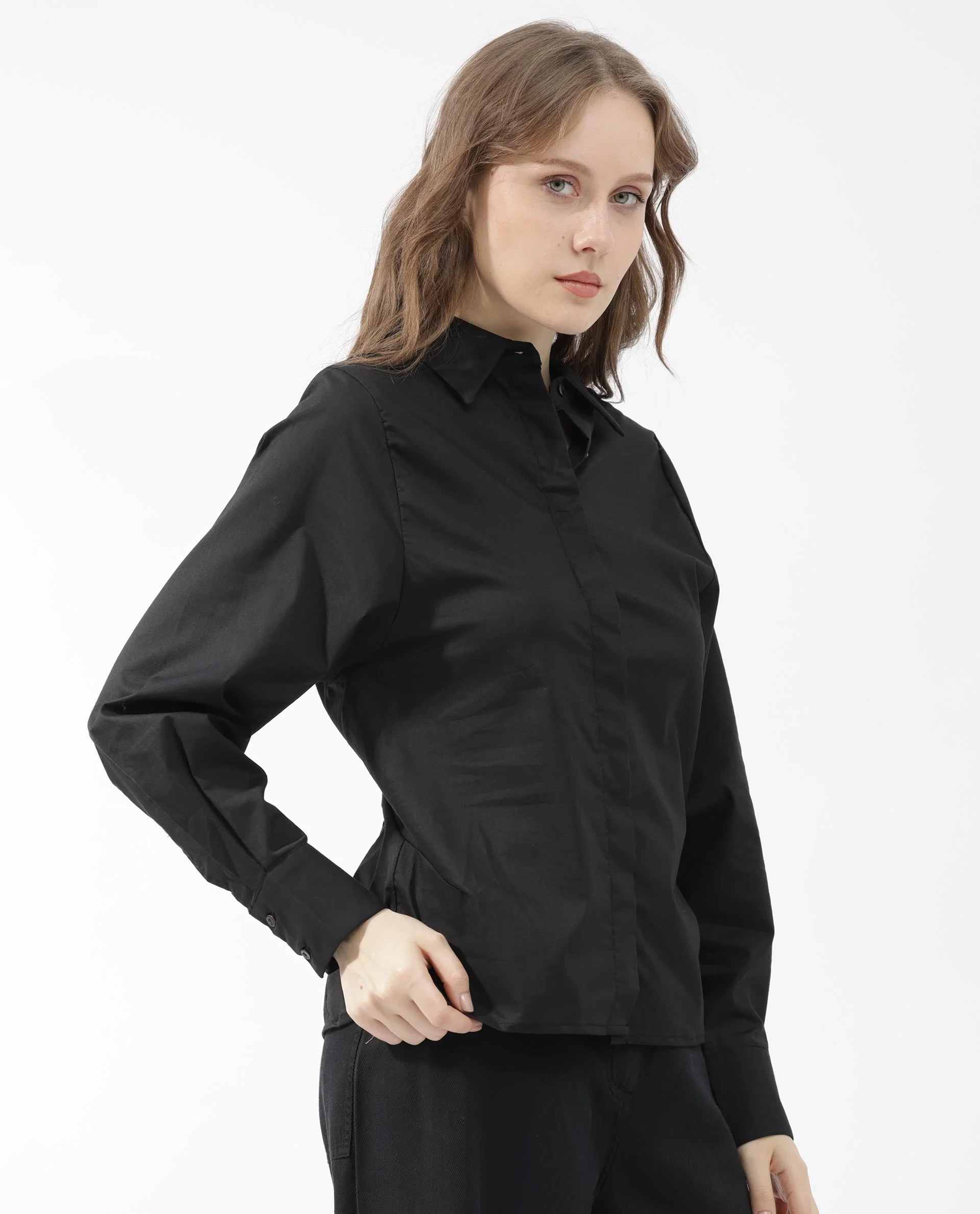 Rareism Women's Letizia Black Cotton Blend Spread Collar Plain Relaxed Fit Shirt - Image 8