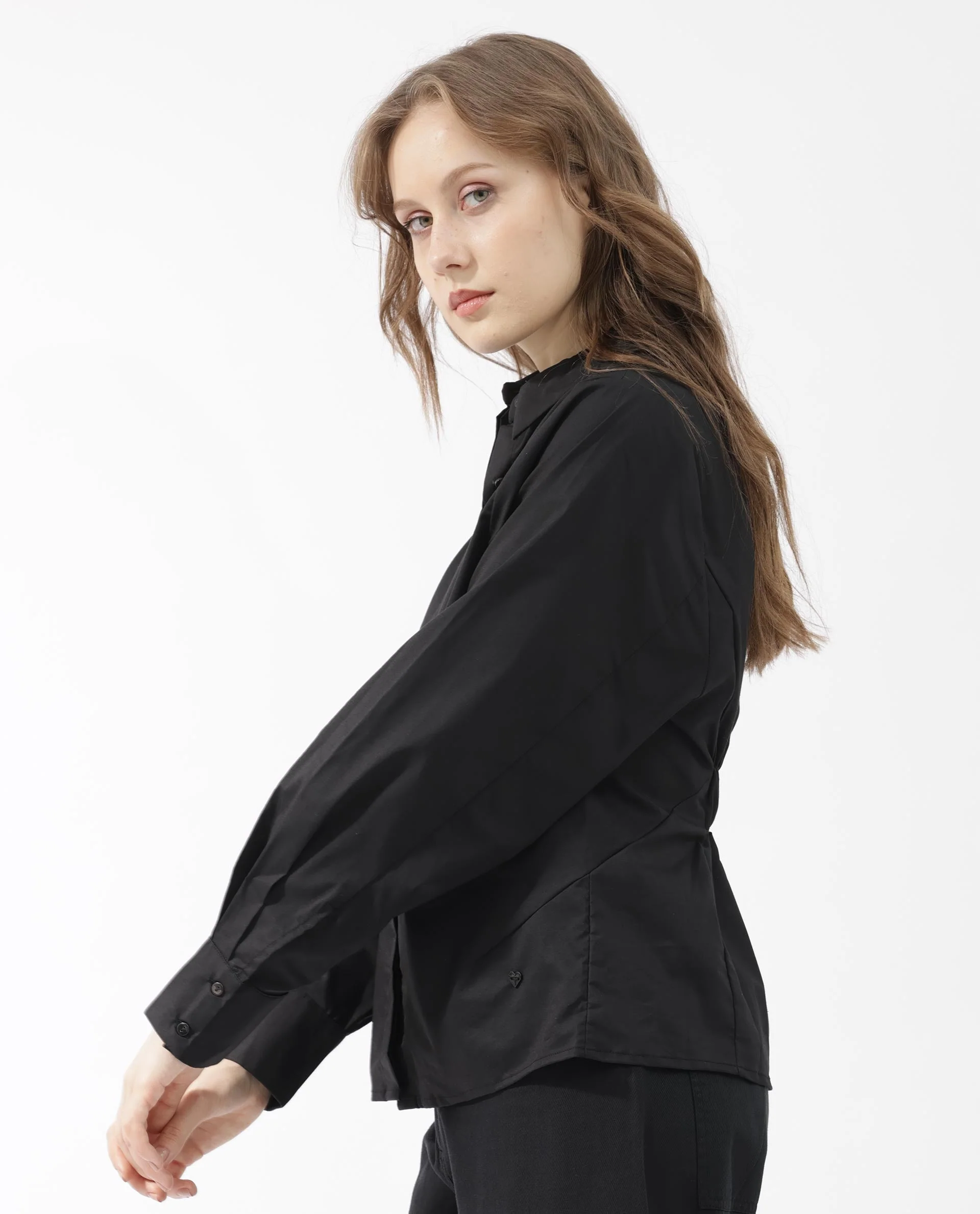 Rareism Women's Letizia Black Cotton Blend Spread Collar Plain Relaxed Fit Shirt - Image 9