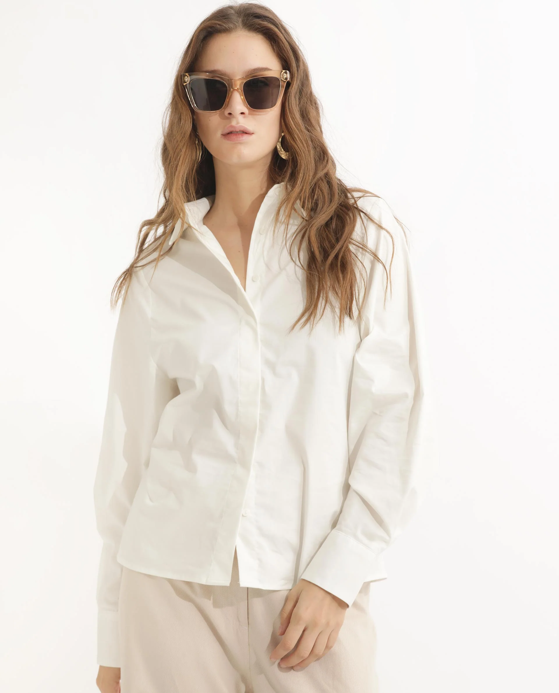 Rareism Women's Letizia Off White Cotton Blend Spread Collar Plain Relaxed Fit Shirt