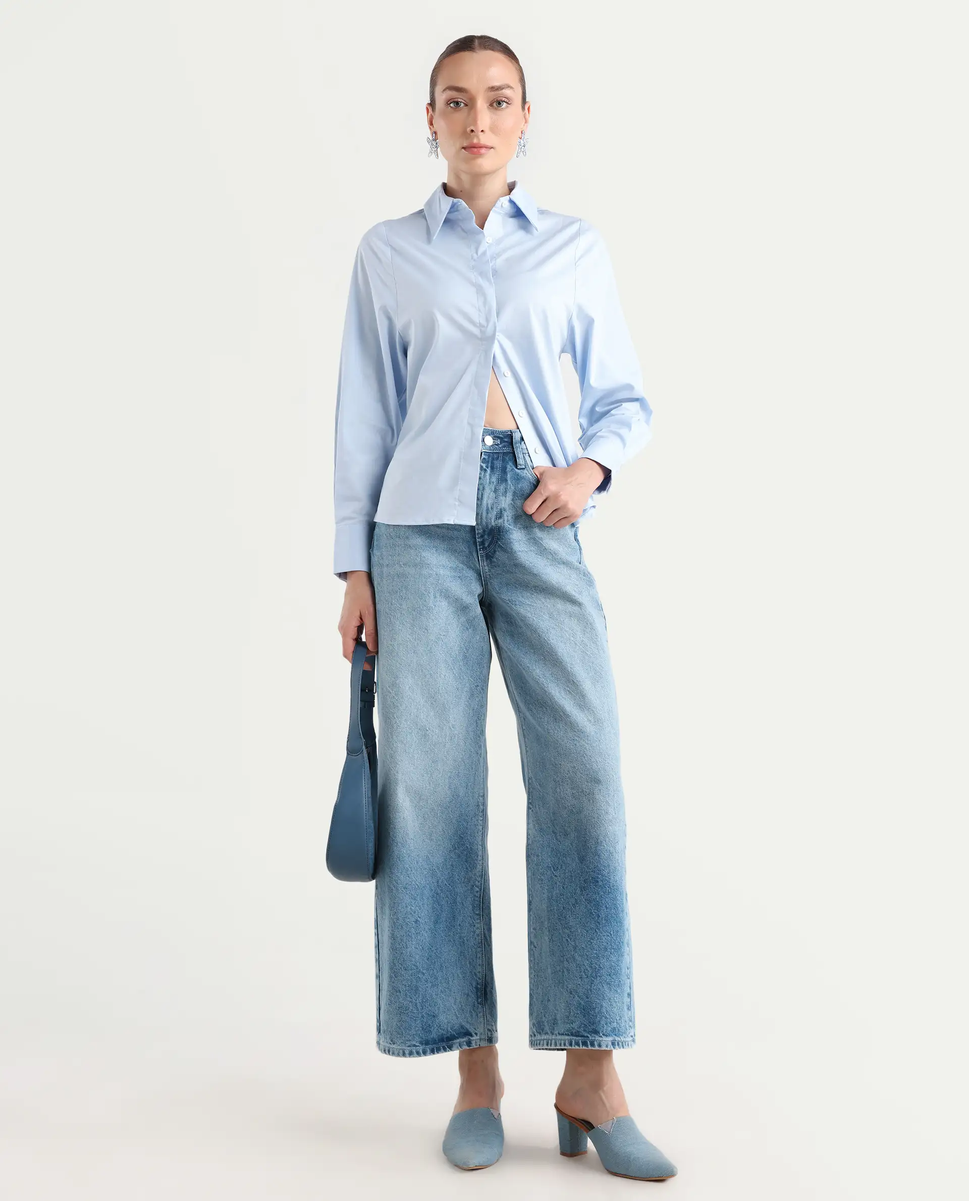 Rareism Women's Letizia Pastel Blue Cotton Blend Spread Collar Plain Relaxed Fit Shirt - Image 2