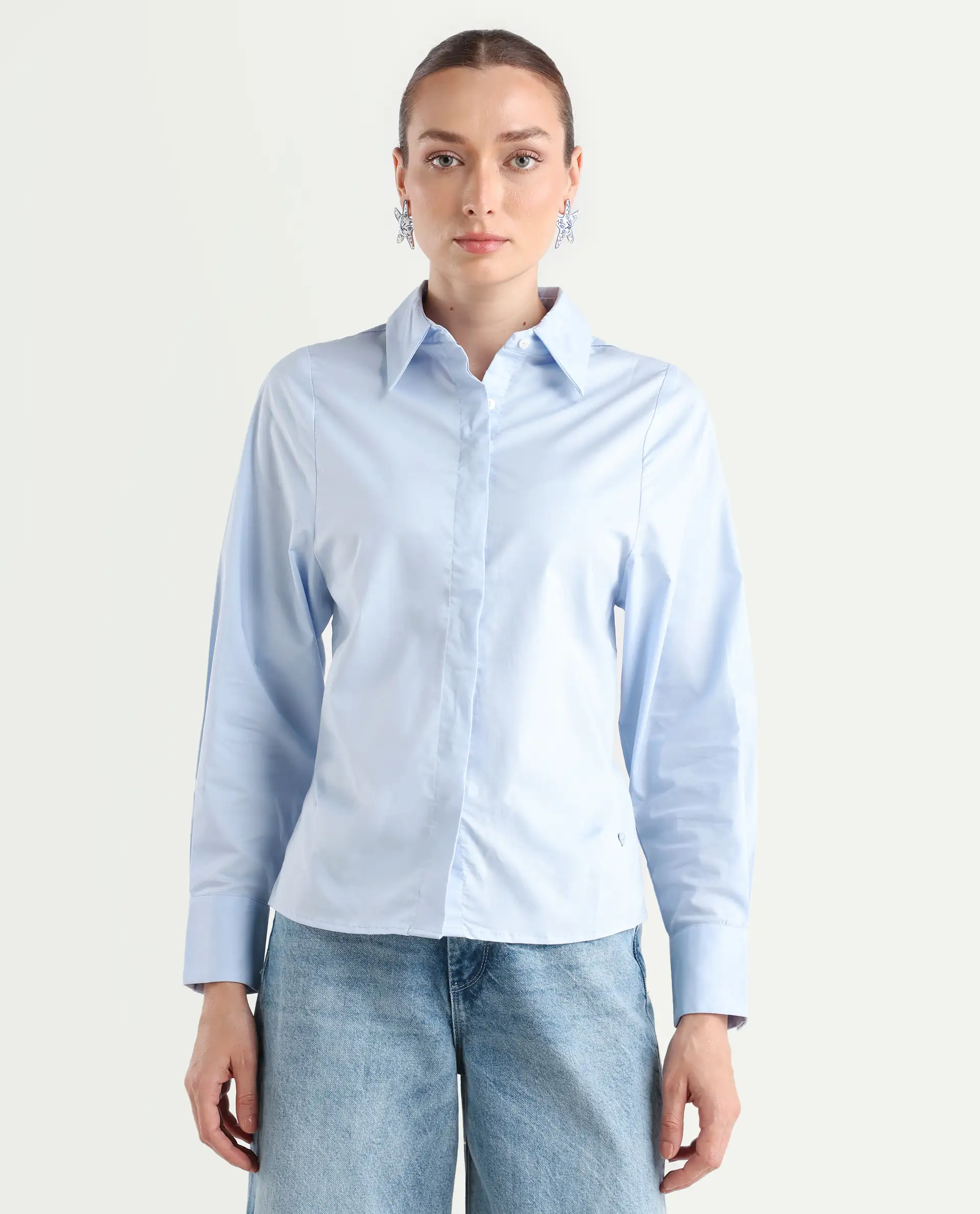 Rareism Women's Letizia Pastel Blue Cotton Blend Spread Collar Plain Relaxed Fit Shirt - Image 3