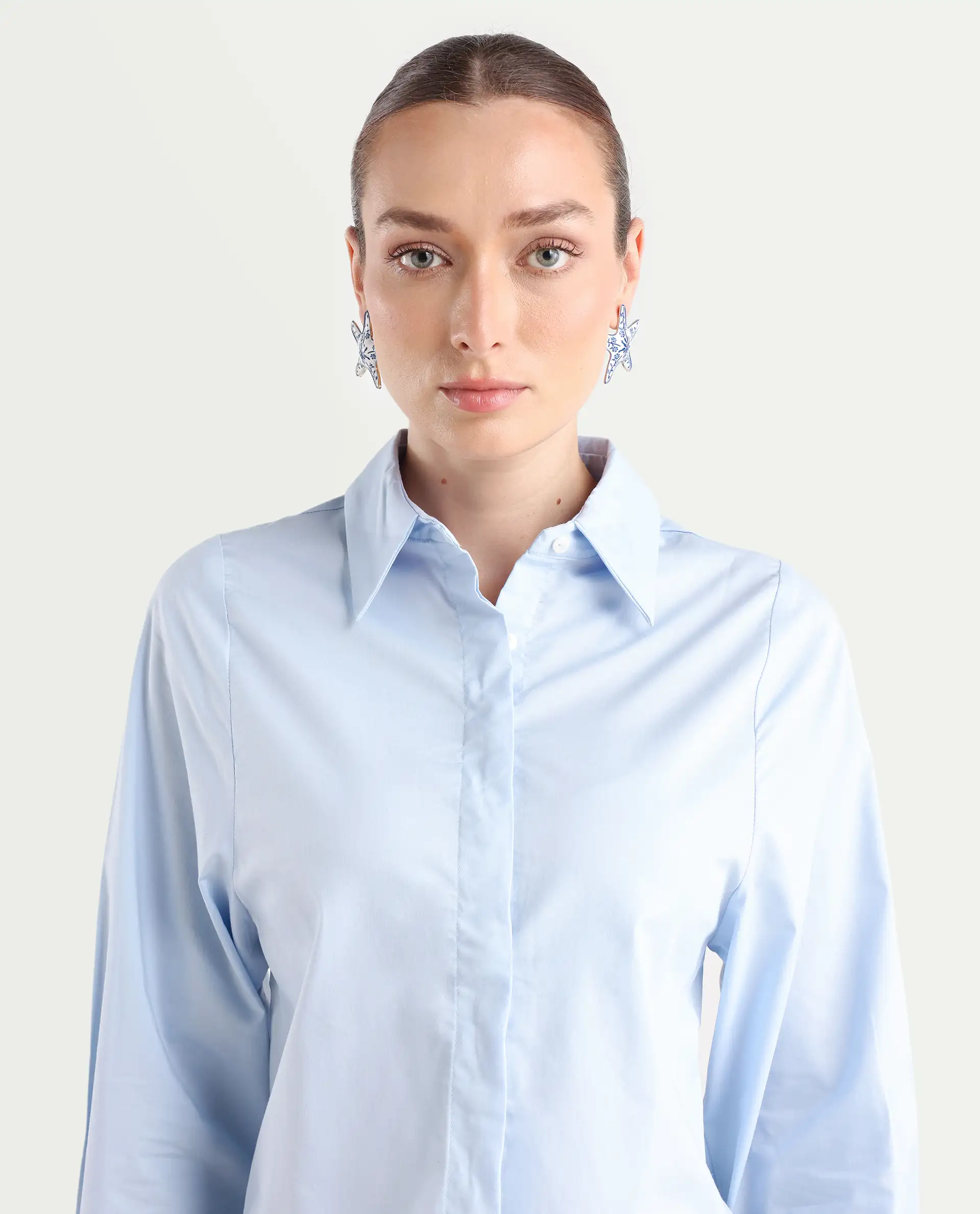 Rareism Women's Letizia Pastel Blue Cotton Blend Spread Collar Plain Relaxed Fit Shirt - Image 4