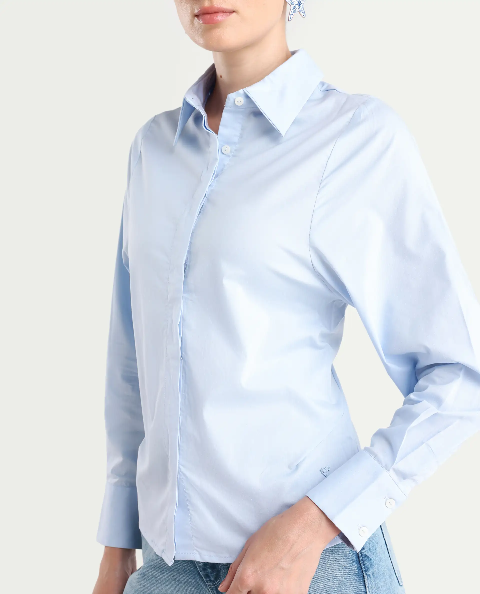 Rareism Women's Letizia Pastel Blue Cotton Blend Spread Collar Plain Relaxed Fit Shirt - Image 5