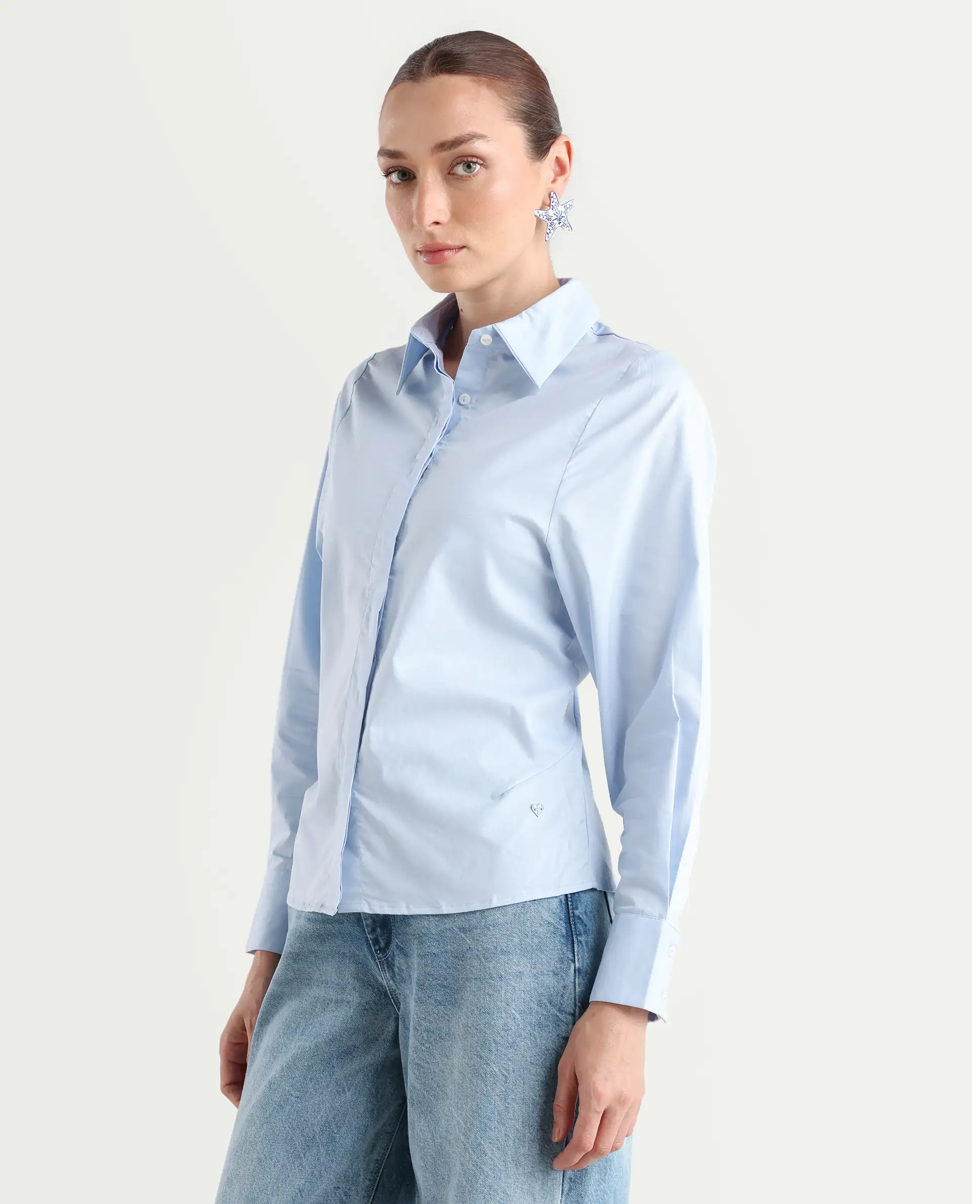 Rareism Women's Letizia Pastel Blue Cotton Blend Spread Collar Plain Relaxed Fit Shirt - Image 6